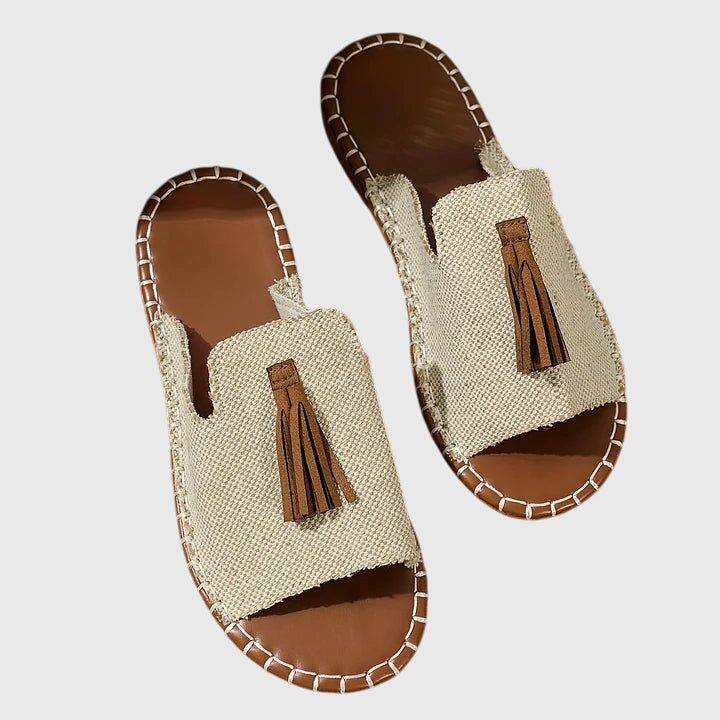 Comfortable Orthopedic Sandals for Women with Ethnic Print Tassel Flat Open Toe Slip On Casual Style