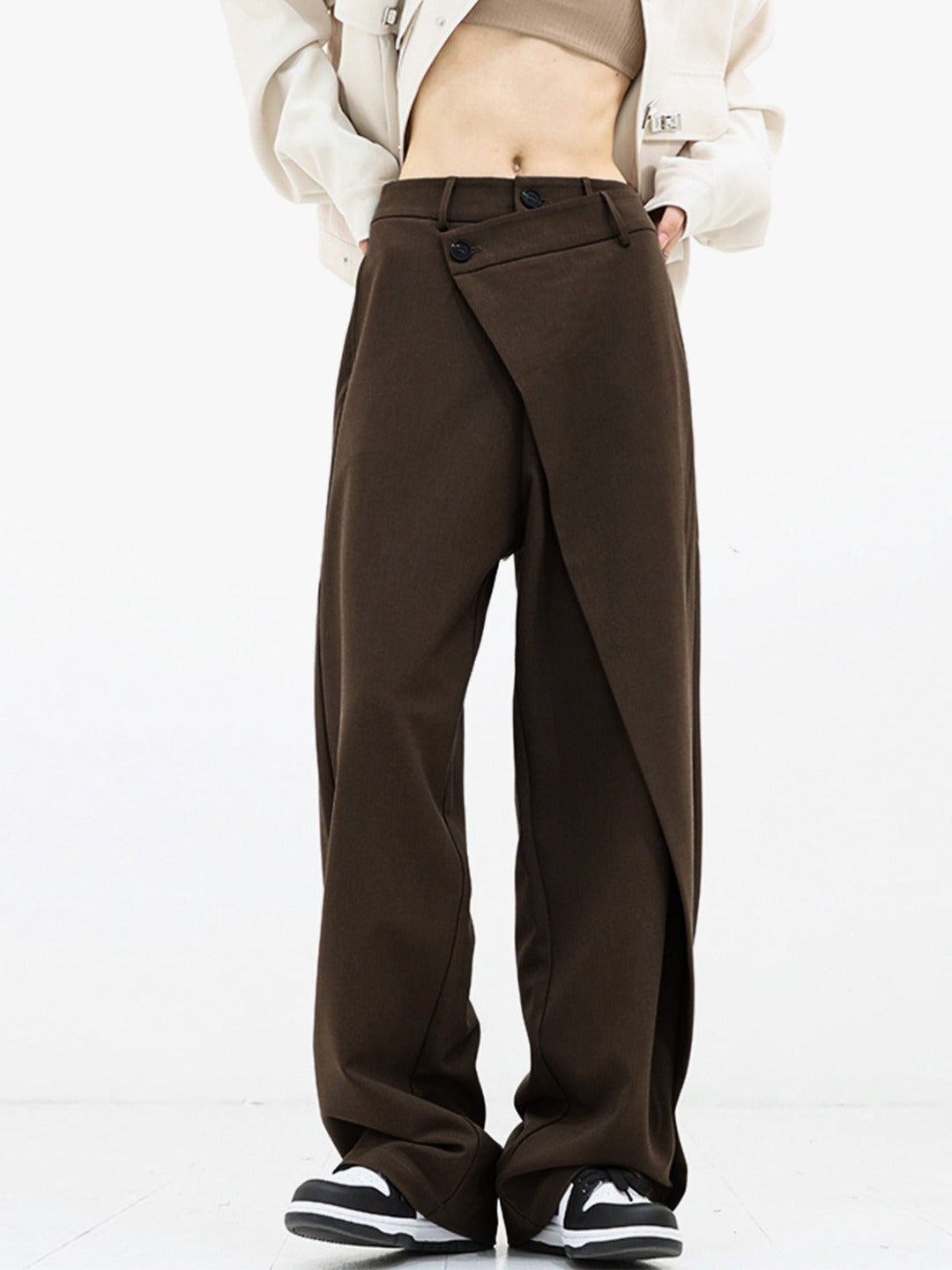 Effortless Wrap Front Wide Leg Pants for Women with High Waist Button Closure Relaxed Style
