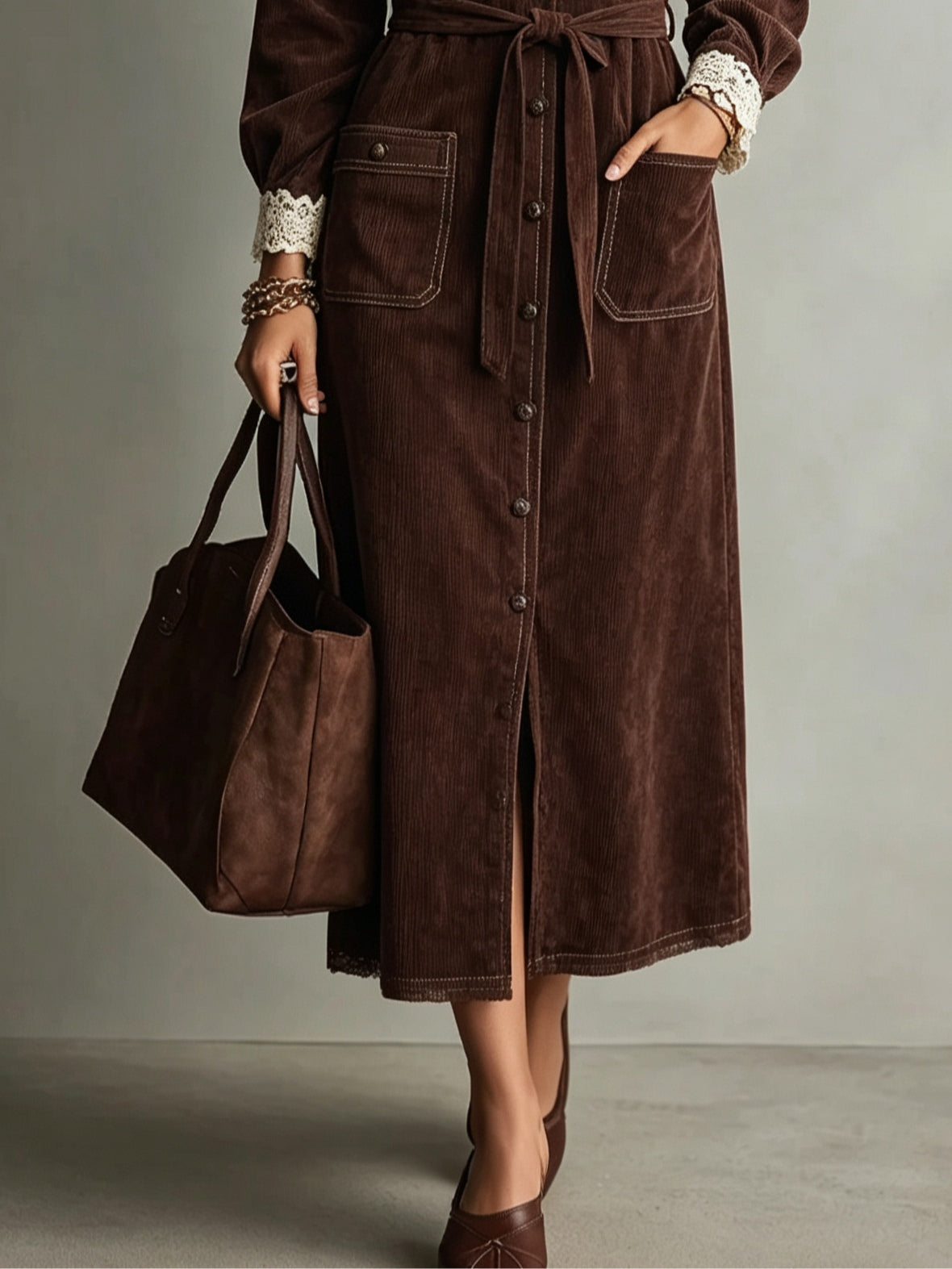 Chic Brown Corduroy Shirt Dress for Women with Collared Neck Button Front Belted Long Sleeve Autumn Style