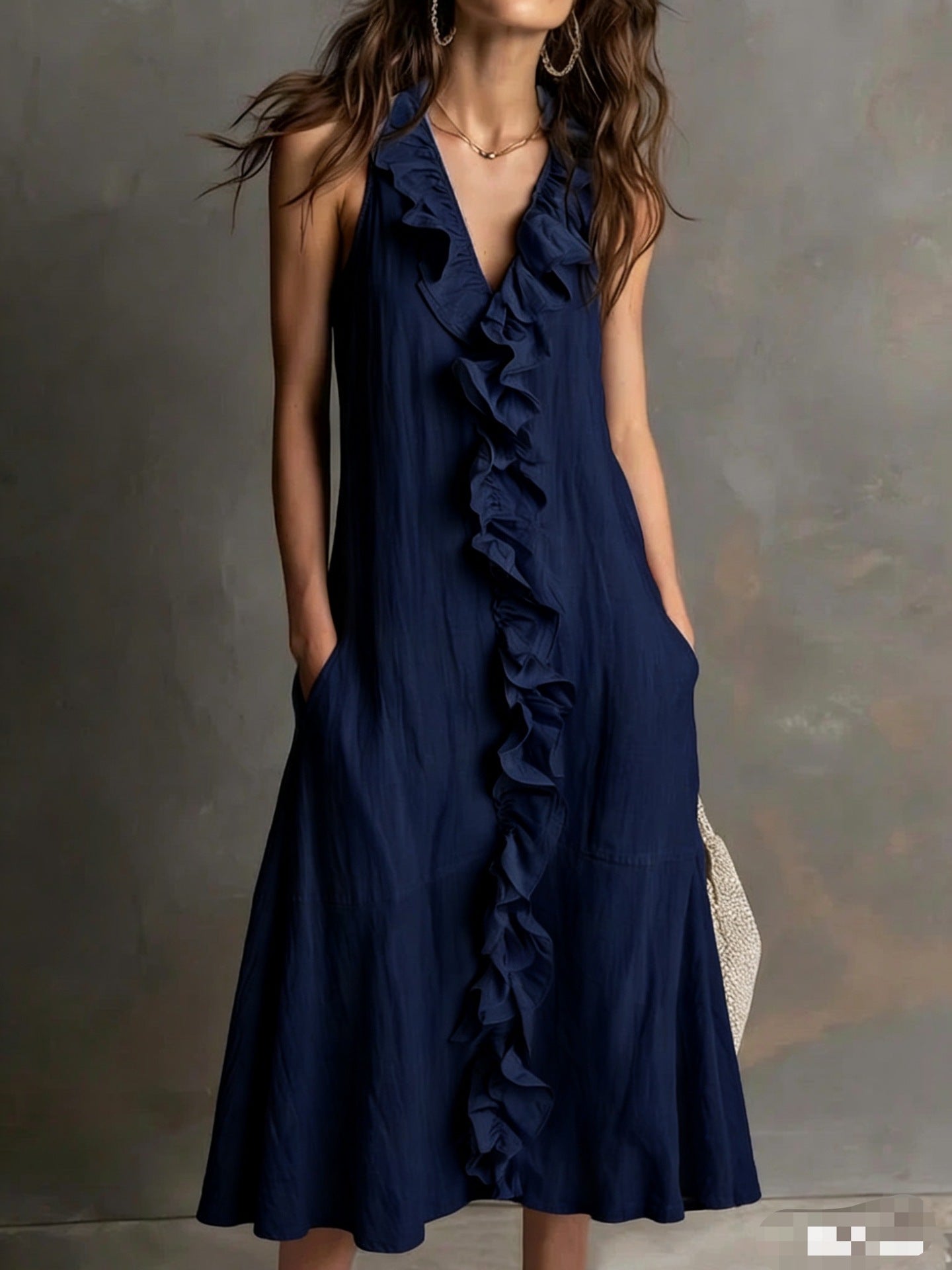 Effortless Ruffle Trim Maxi Dress for Women with V-Neck Sleeveless Flowing Style