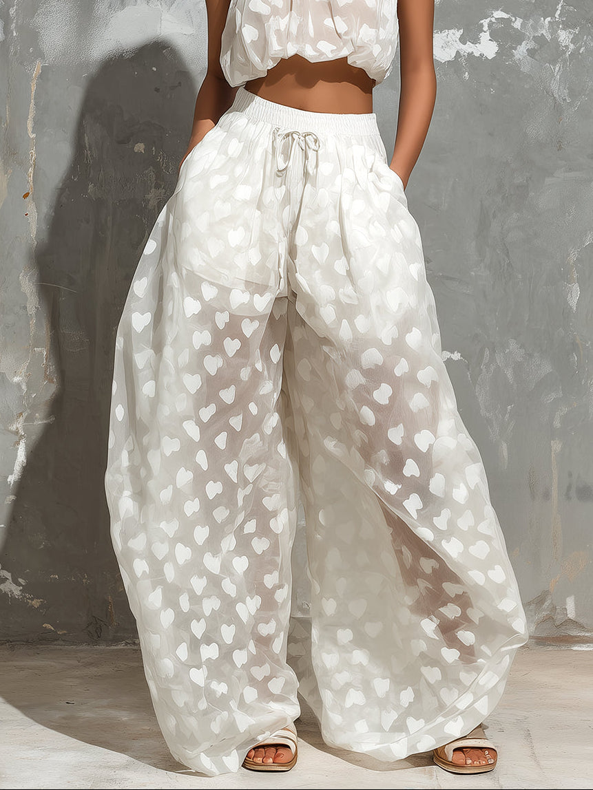 Elegant White Two Piece Set for Women with Halter Crop Top Wide Leg Pants Flowing Style