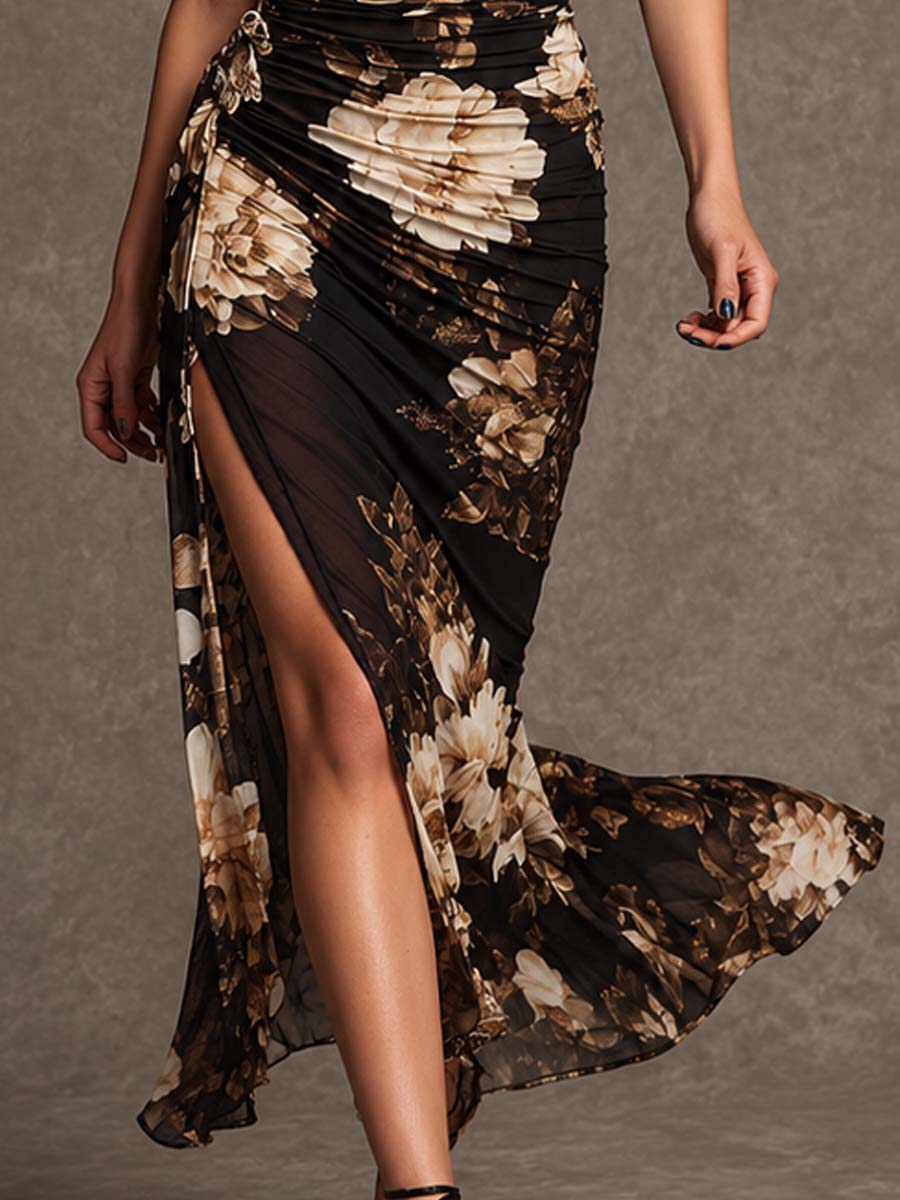 Elegant Black Floral Maxi Dress for Women with Wrap Ruched High Slit Mermaid Style