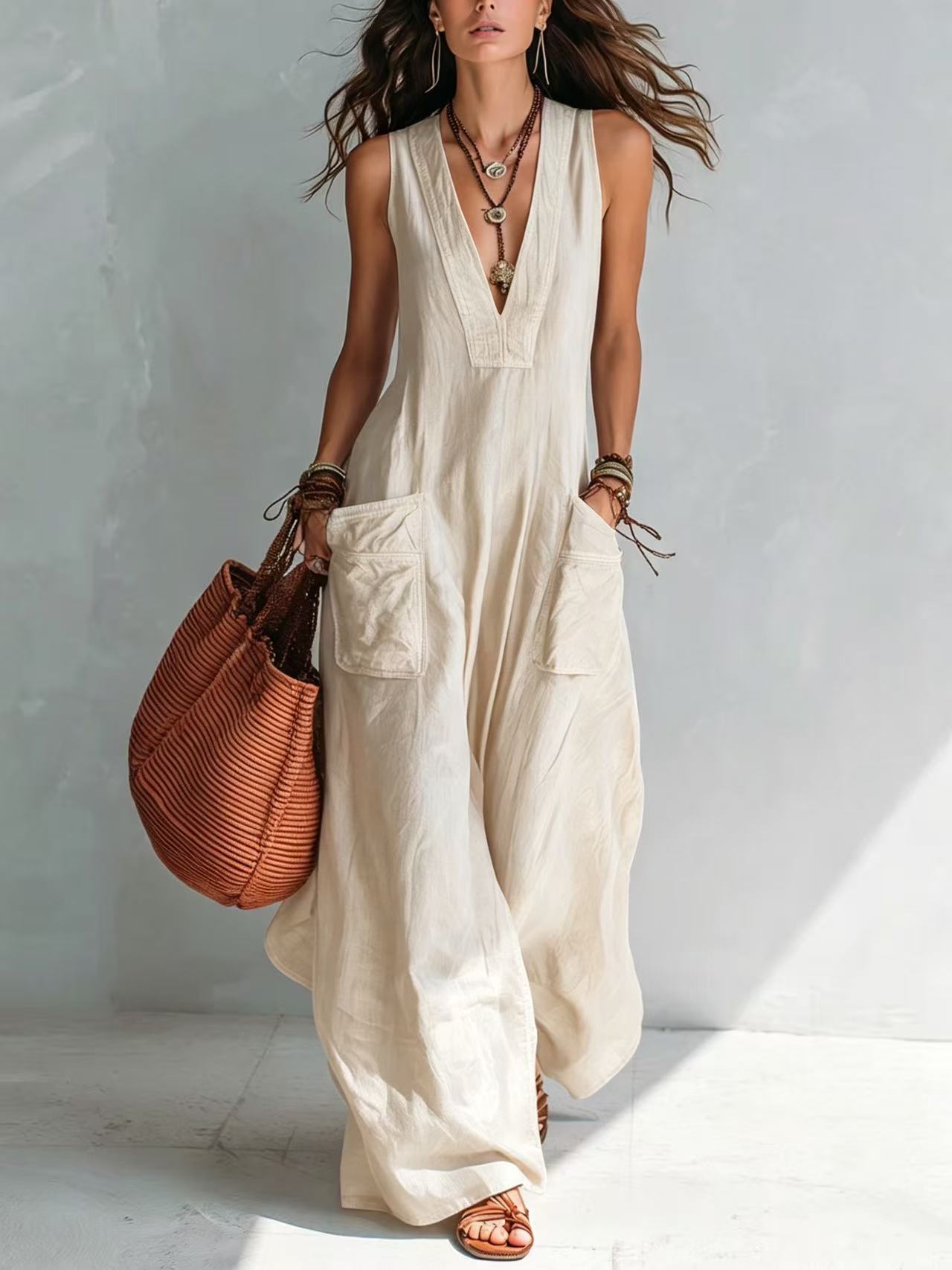 Effortless Overall Jumpsuit for Women with V Neck Wide Leg Adjustable Strap Pocket Relaxed Style