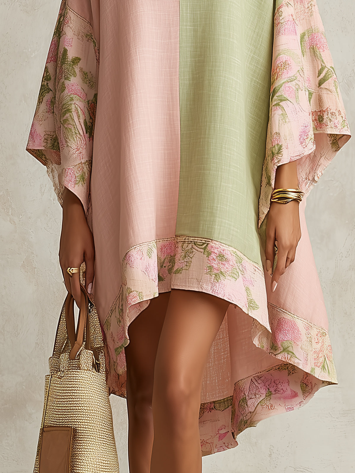 Effortless Color Block Kaftan Maxi Dress for Women with V-Neck Flowing Kimono Sleeve