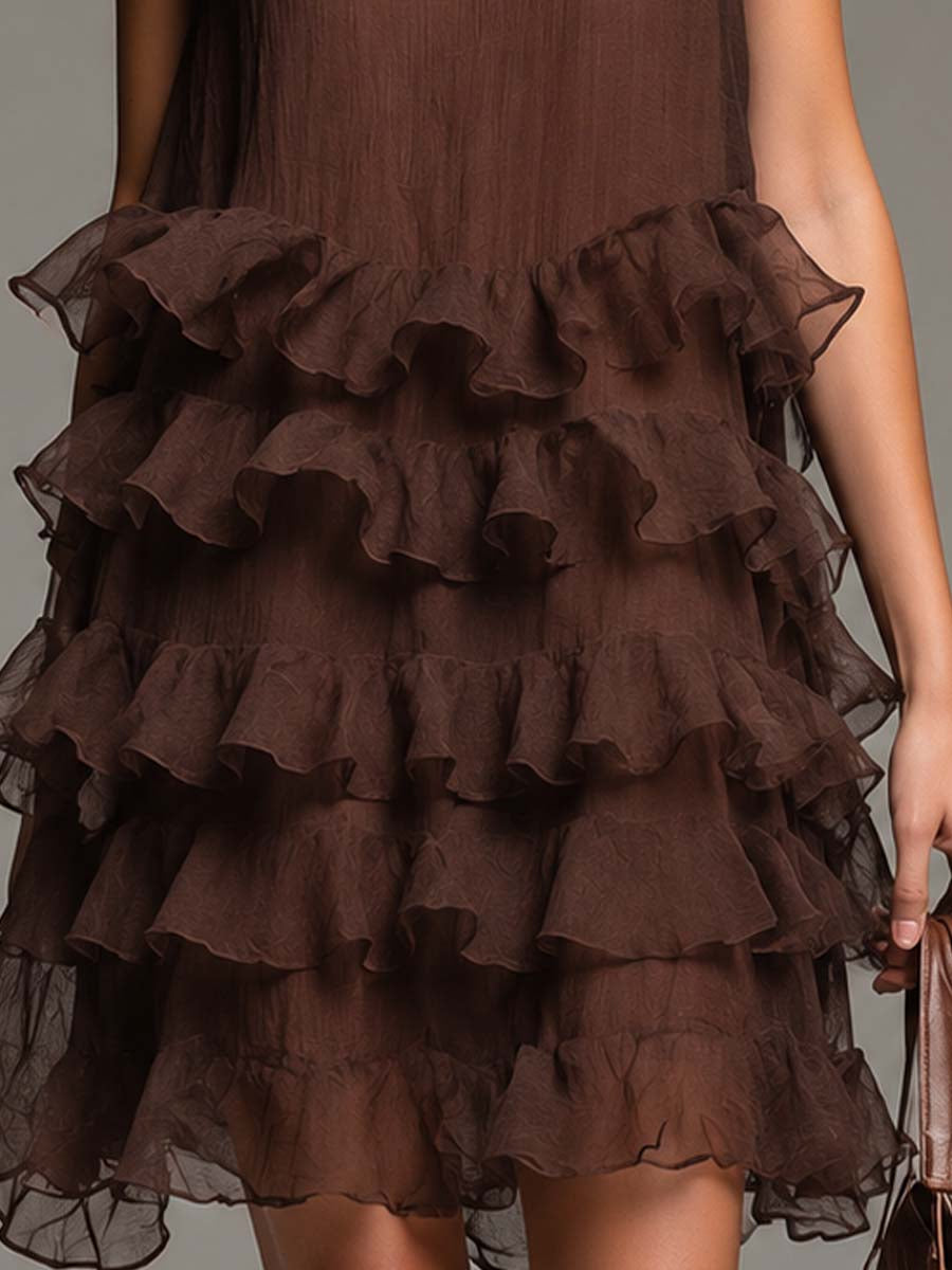 Effortless Brown Tiered Mini Dress for Women with Round Neck Ruffle Sleeveless