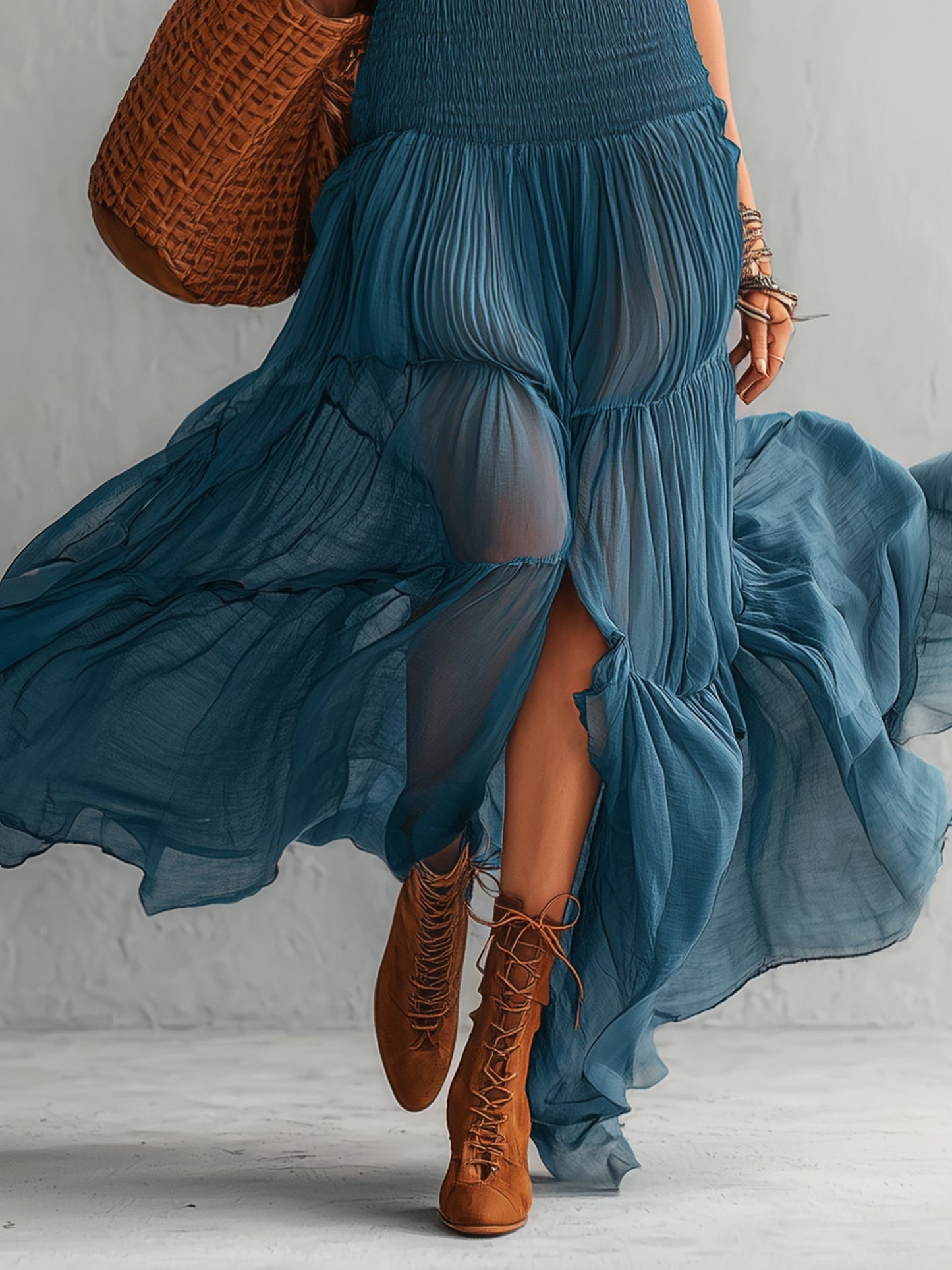 Elegant Blue Strapless Maxi Dress for Women with Ruched Tiered Thigh Slit