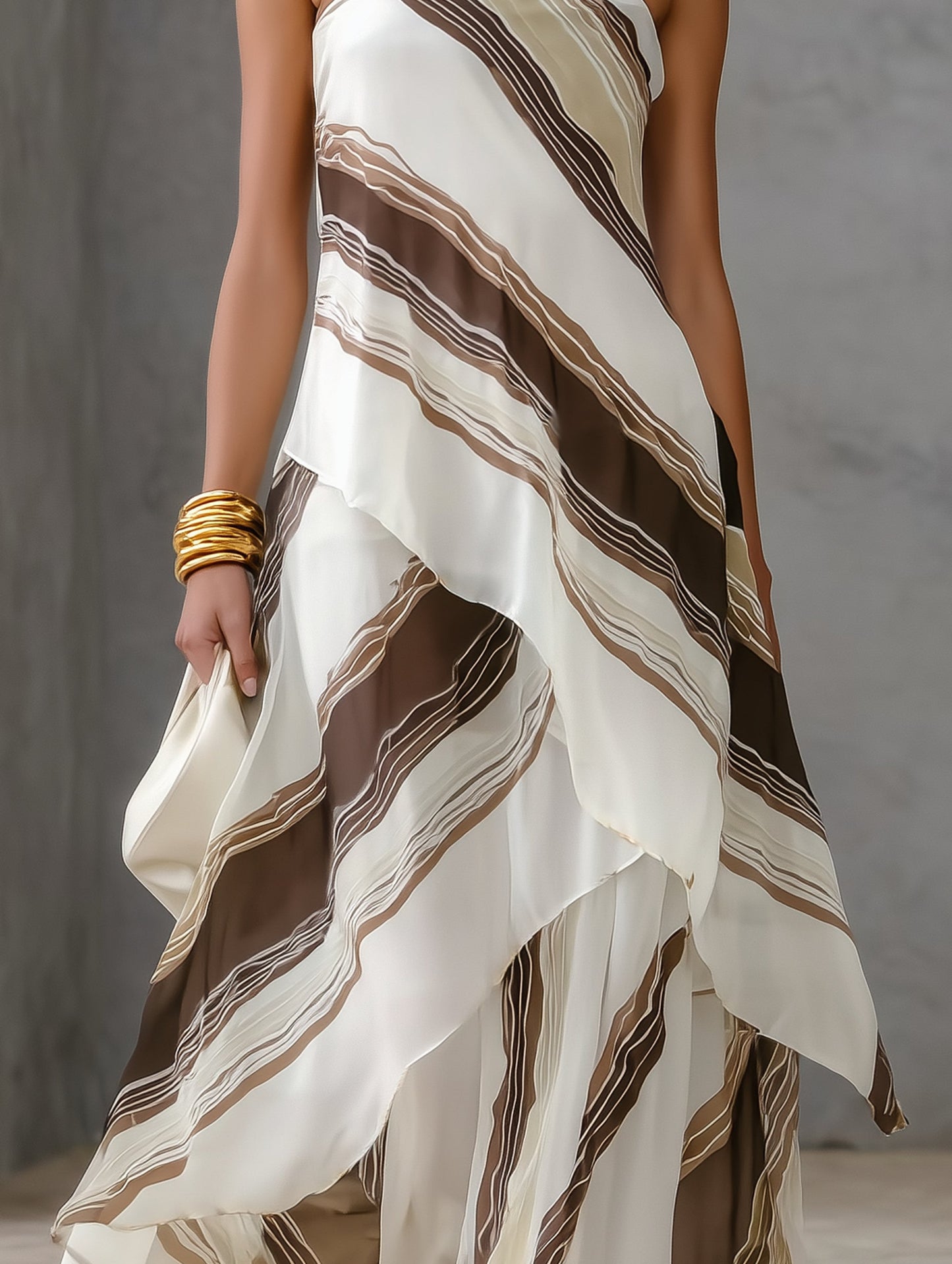 Elegant White Striped Maxi Dress for Women with Strapless Draped Asymmetric Hem