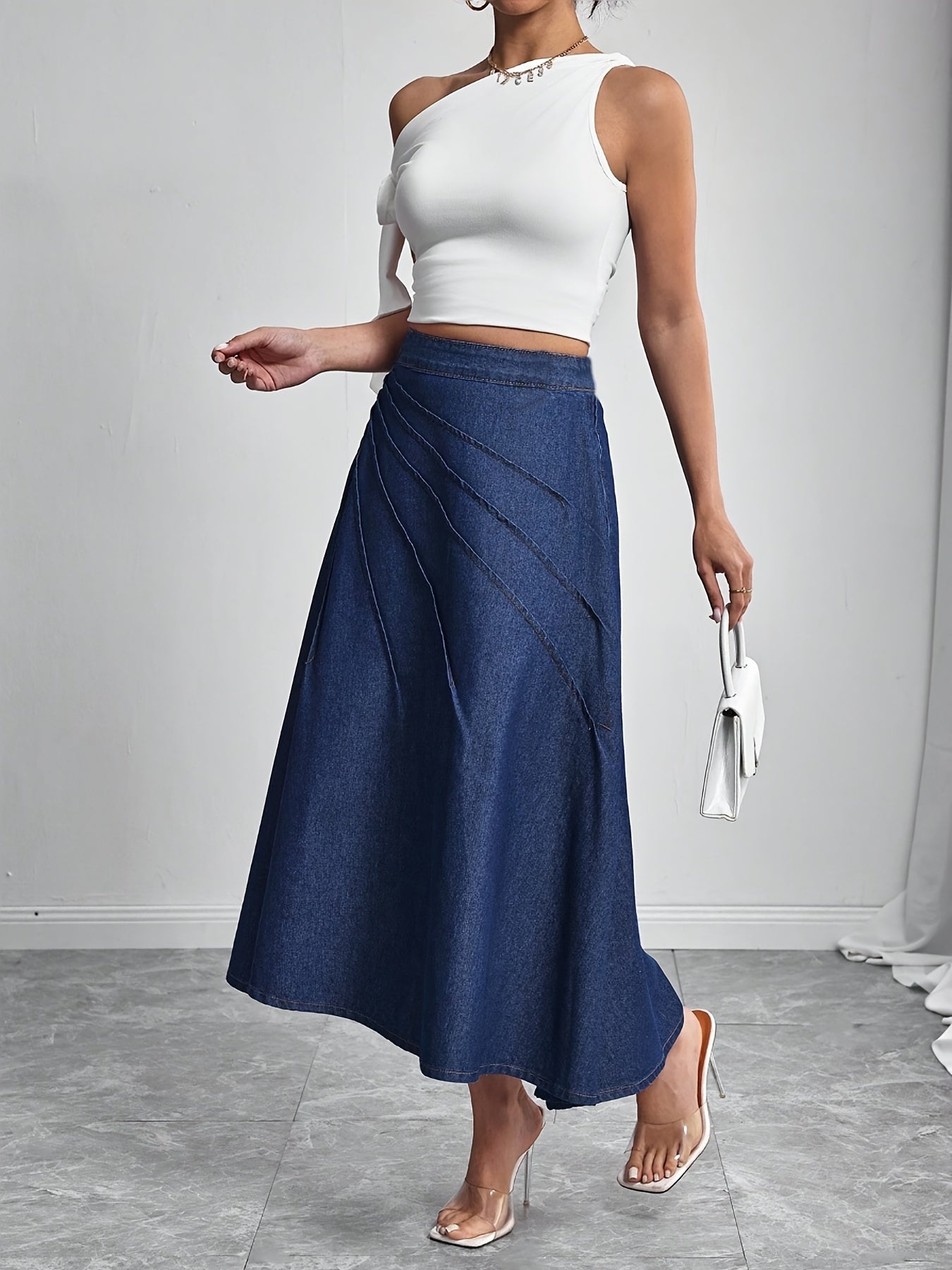 Elegant Deep Blue Denim Maxi Skirt for Women with Pleated A Line Flowing Style