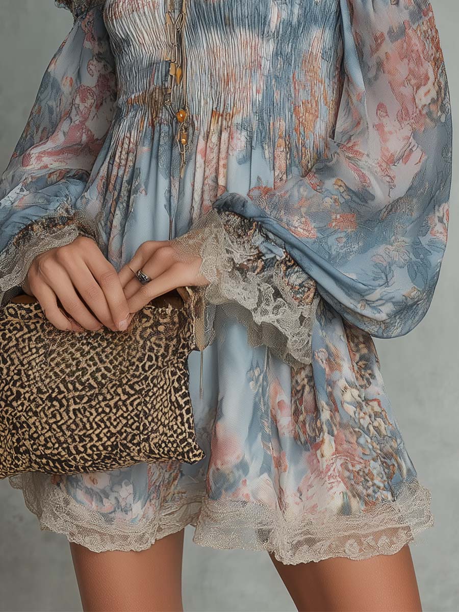 Effortless Blue Floral Mini Dress for Women with Off Shoulder Balloon Sleeve Lace Trim