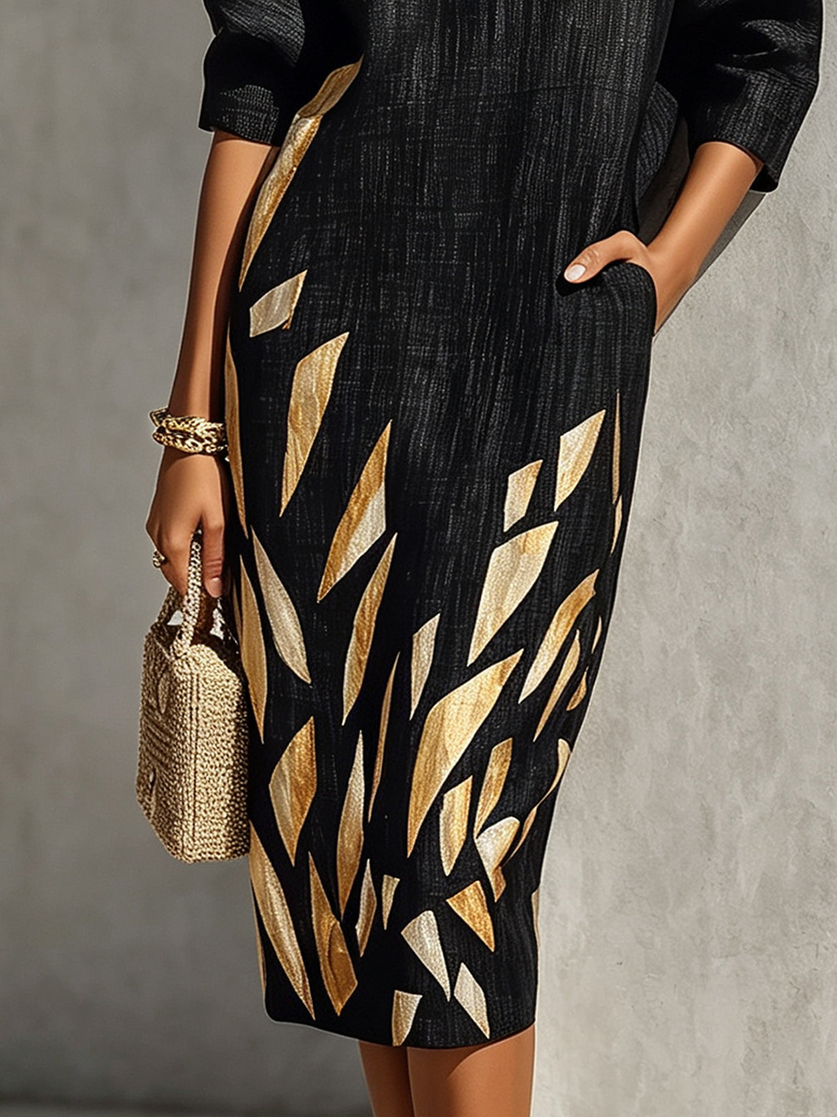 Effortless Black Printed Midi Dress for Women with Round Neck Elbow Sleeve Relaxed Fit