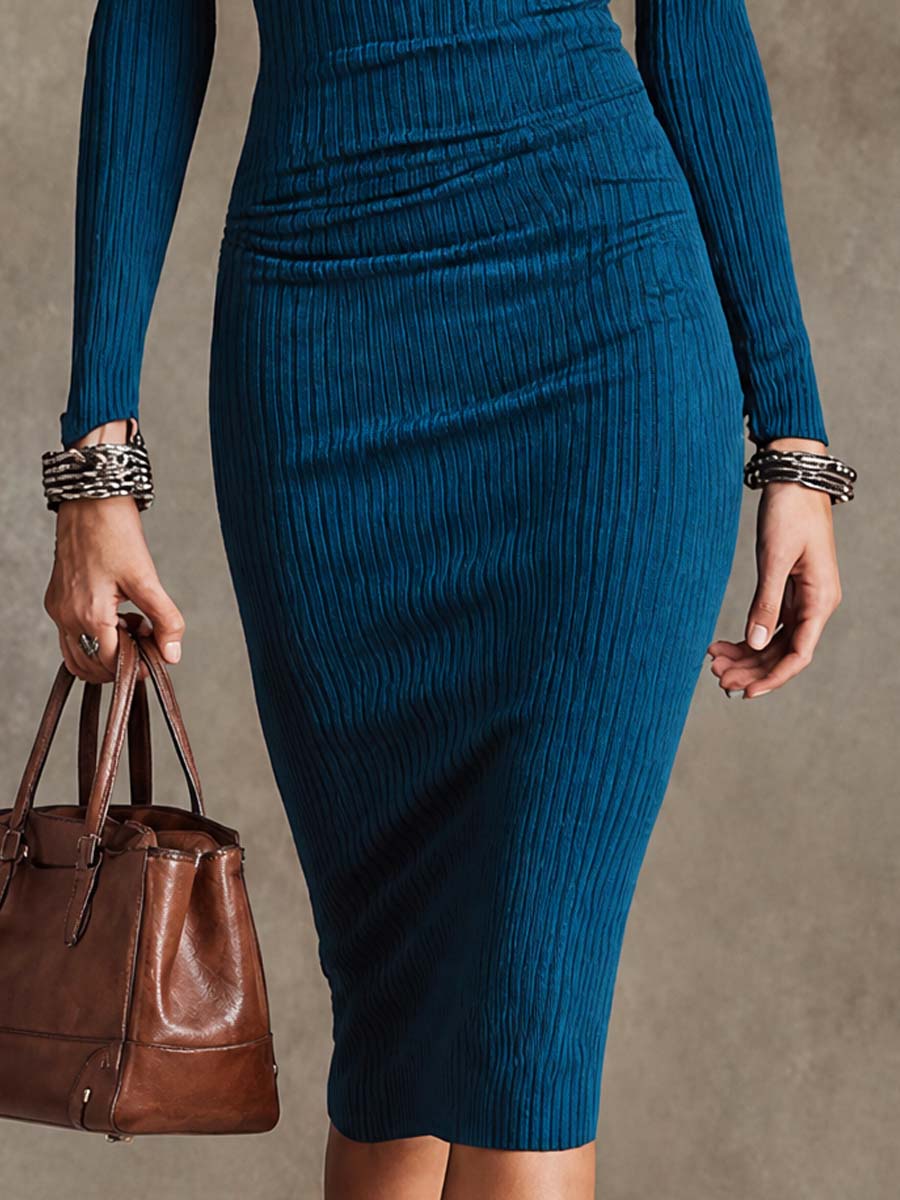 Sleek Teal Bodycon Midi Dress for Women with High Neck Cold Shoulder Cut Out Long Sleeve Party Style