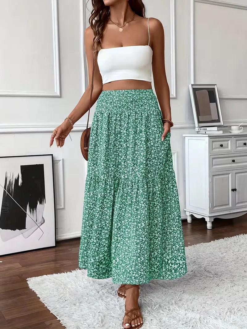 Effortless Tiered Maxi Skirt for Women with High Waist Smocked Flowing Boho Style