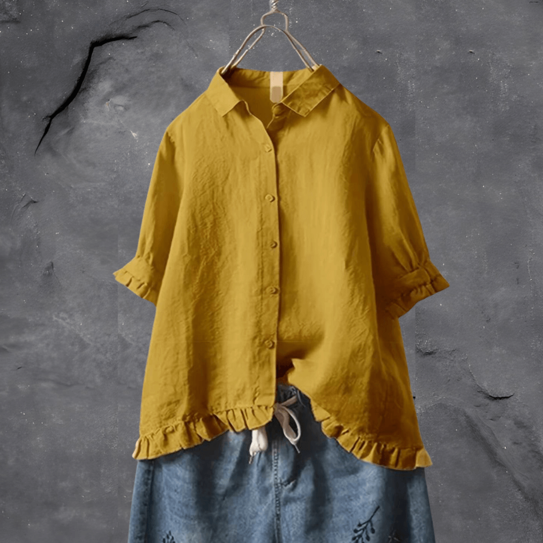 Effortless Linen Shirt for Women with Collar Half Sleeve Ruffle Hem Relaxed Style