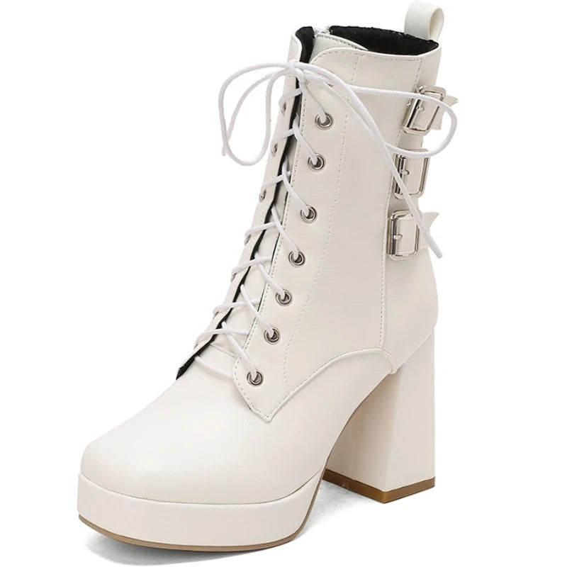 Edgy White Platform Boots for Women with Lace Up Buckle Strap Block Heel Combat Style