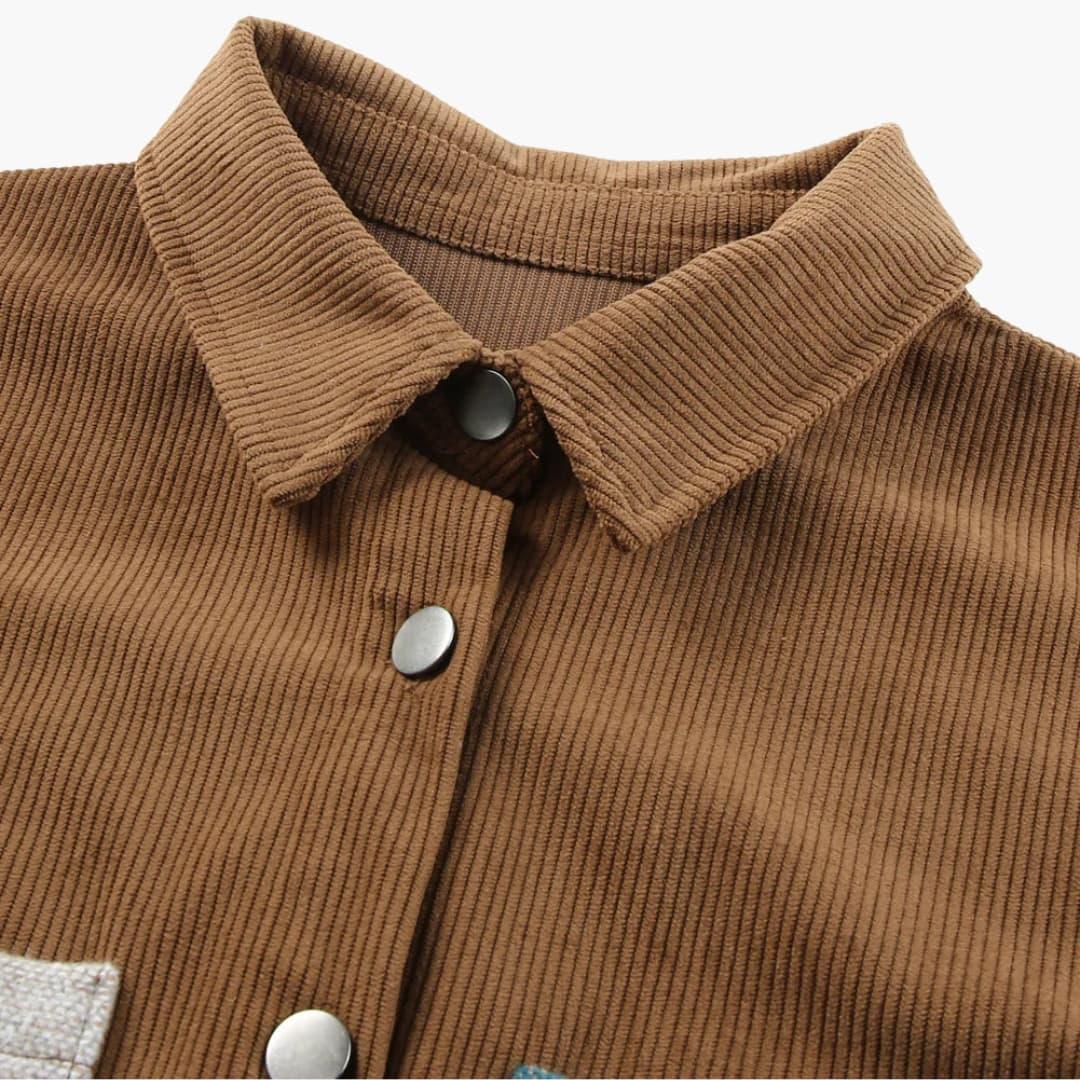 Effortless Brown Corduroy Shacket for Women with Spread Collar Long Sleeve Aztec Panel Oversized Style