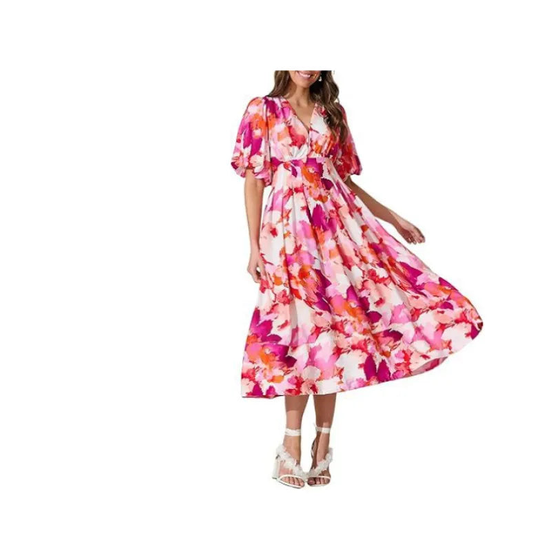 Effortless Floral Midi Dress for Women with V Neck Balloon Sleeve Smocked Waist Flowing Bohemian Style