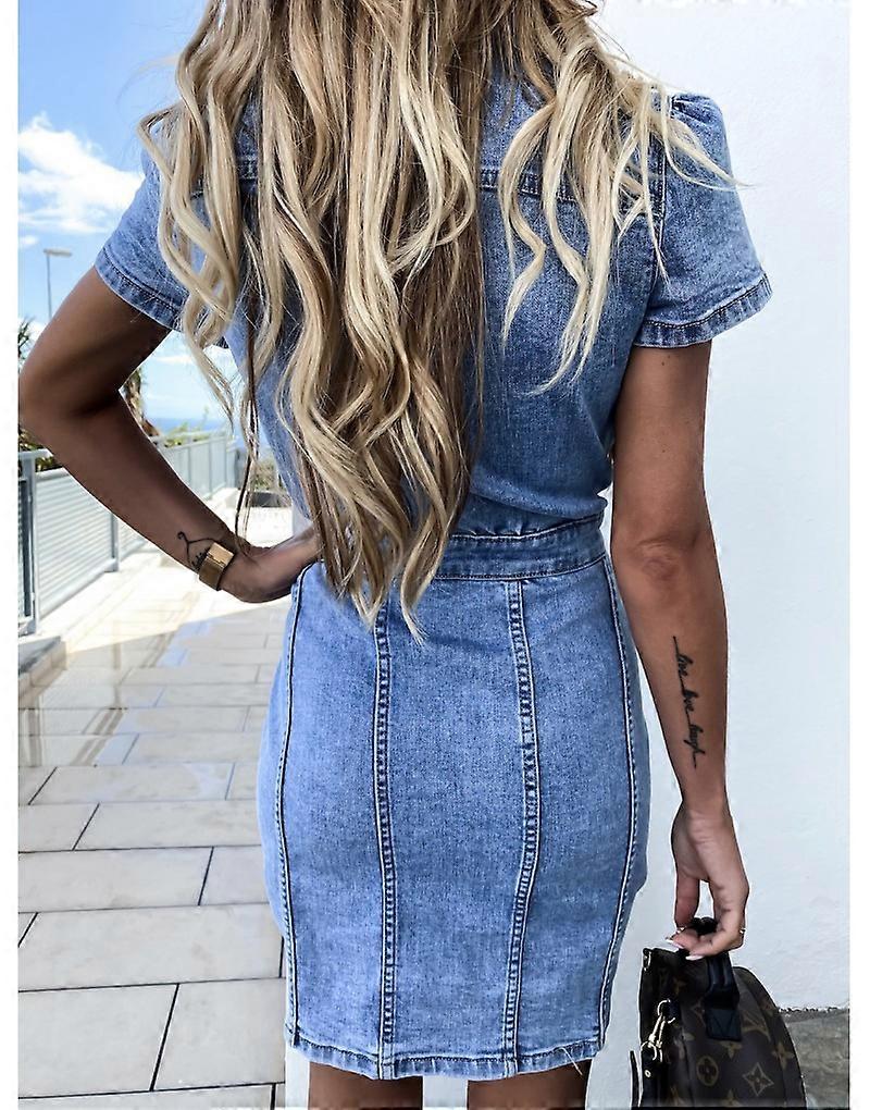 Elegant Blue Denim Dress for Women with Collared Short Sleeve Button Front Bodycon Casual Style