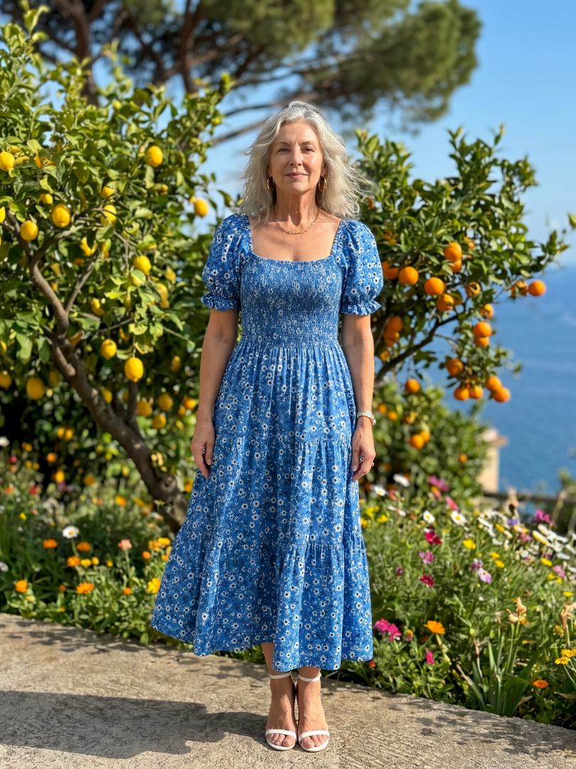 Effortless Floral Midi Dress for Women with Square Neck Puff Sleeve Smocked Bodice A Line Casual Style