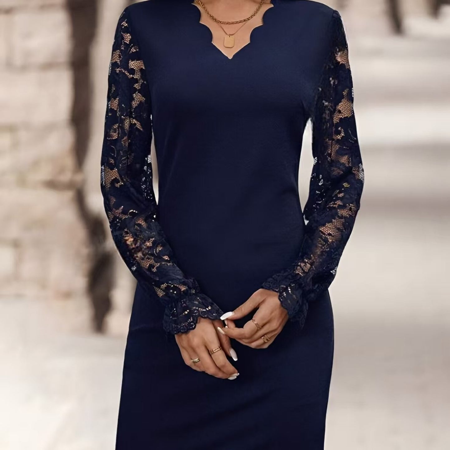 Elegant Sea Blue Lace Long Sleeve Wedding Dress for Women with Scalloped V Neck Bodycon Cocktail Style
