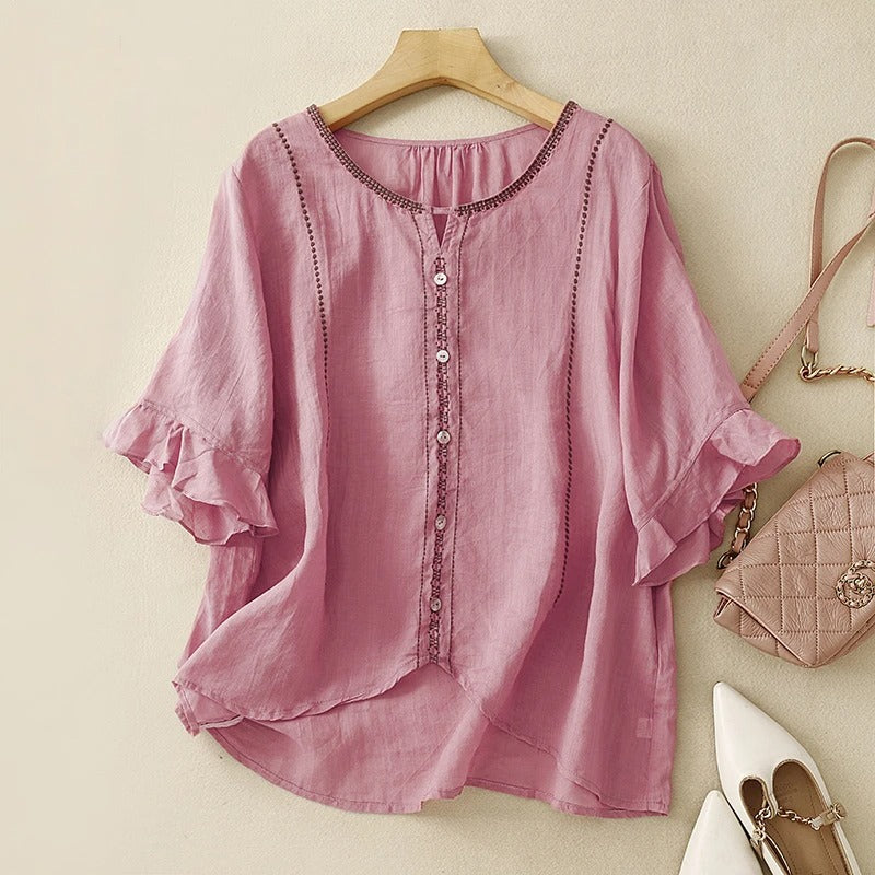Effortless Embroidered Linen Shirt for Women with V Neck Ruffle Sleeve Button Front Boho Style