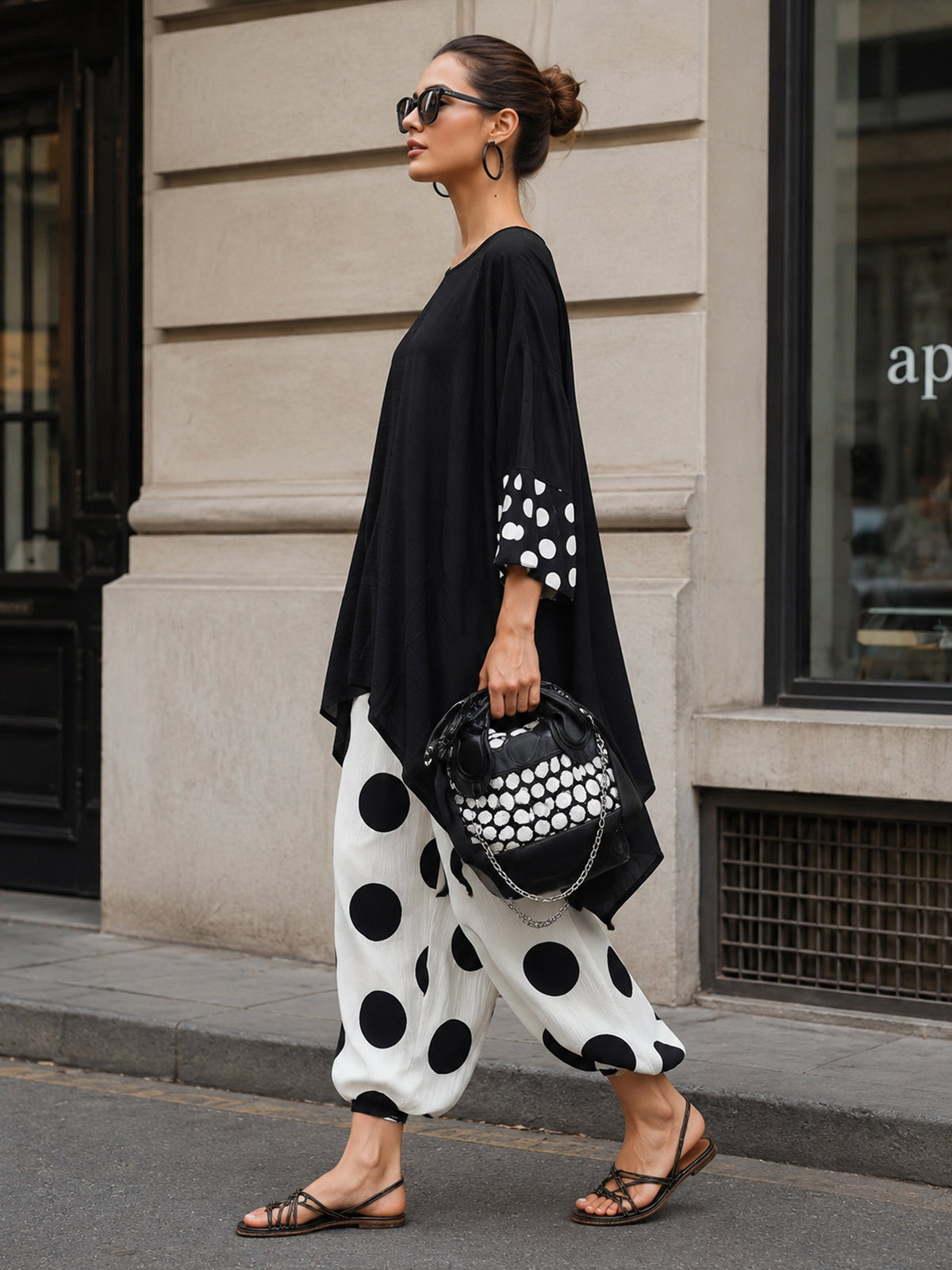 Effortless Black Polka Dot Tunic Dress for Women with Round Neck Long Sleeve Asymmetrical Hem Oversized Style