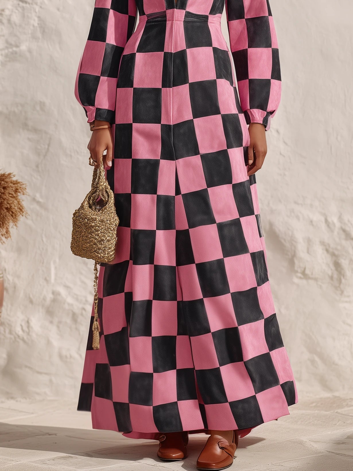 Bold Checkerboard Print Maxi Dress for Women with Deep V Neck Long Sleeve Faux Suede Flowy Style