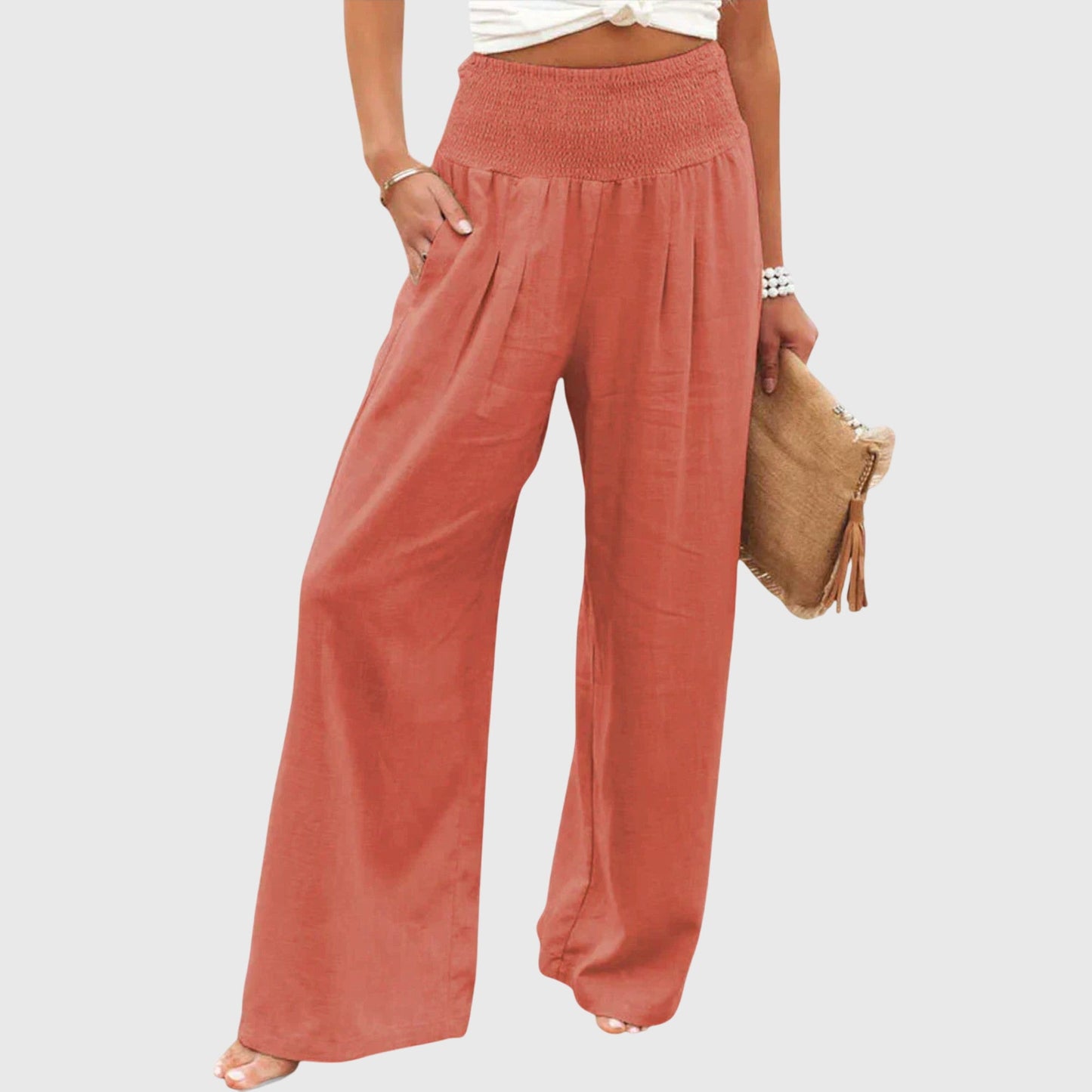Effortless Black Linen Wide Leg Pants for Women with High Waisted Smocked Waist Relaxed Flowing Casual Style