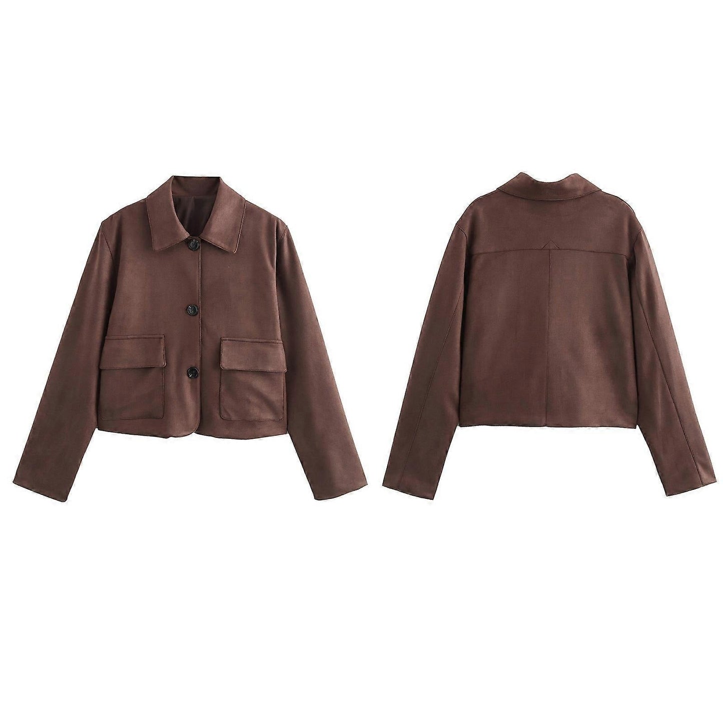 Elegant Brown Suede Cropped Jacket for Women with Collar Long Sleeve Button Front Patch Pocket Style