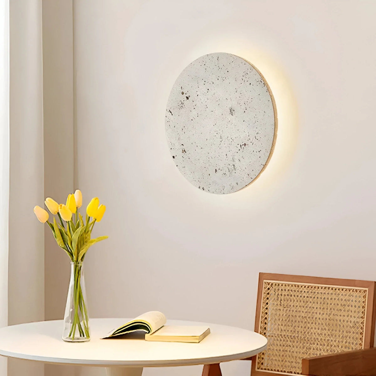 Stone Wall Lamp Round Travertine Backlit LED Minimalist Indoor Sconce Wall Light