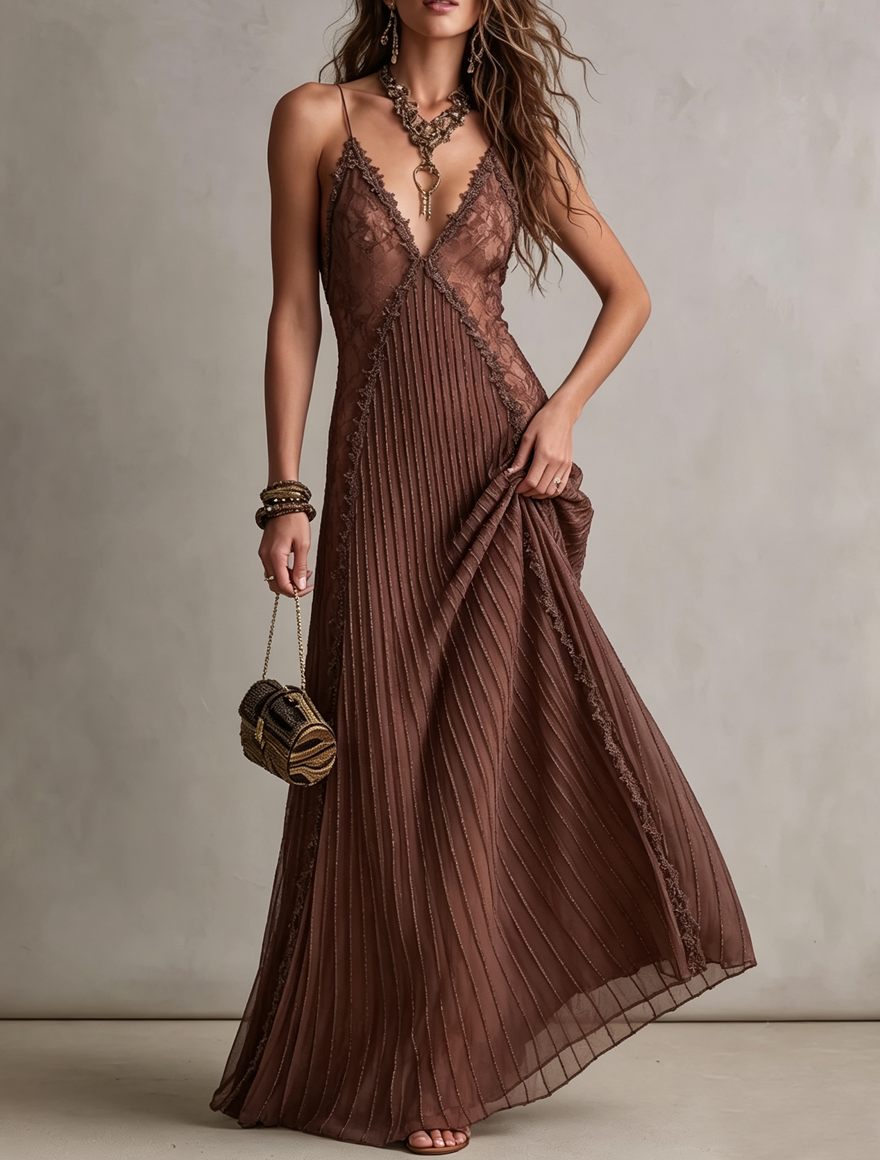 Elegant Brown Lace Maxi Dress for Women with Deep V Neck Spaghetti Strap Pleated Slip Style