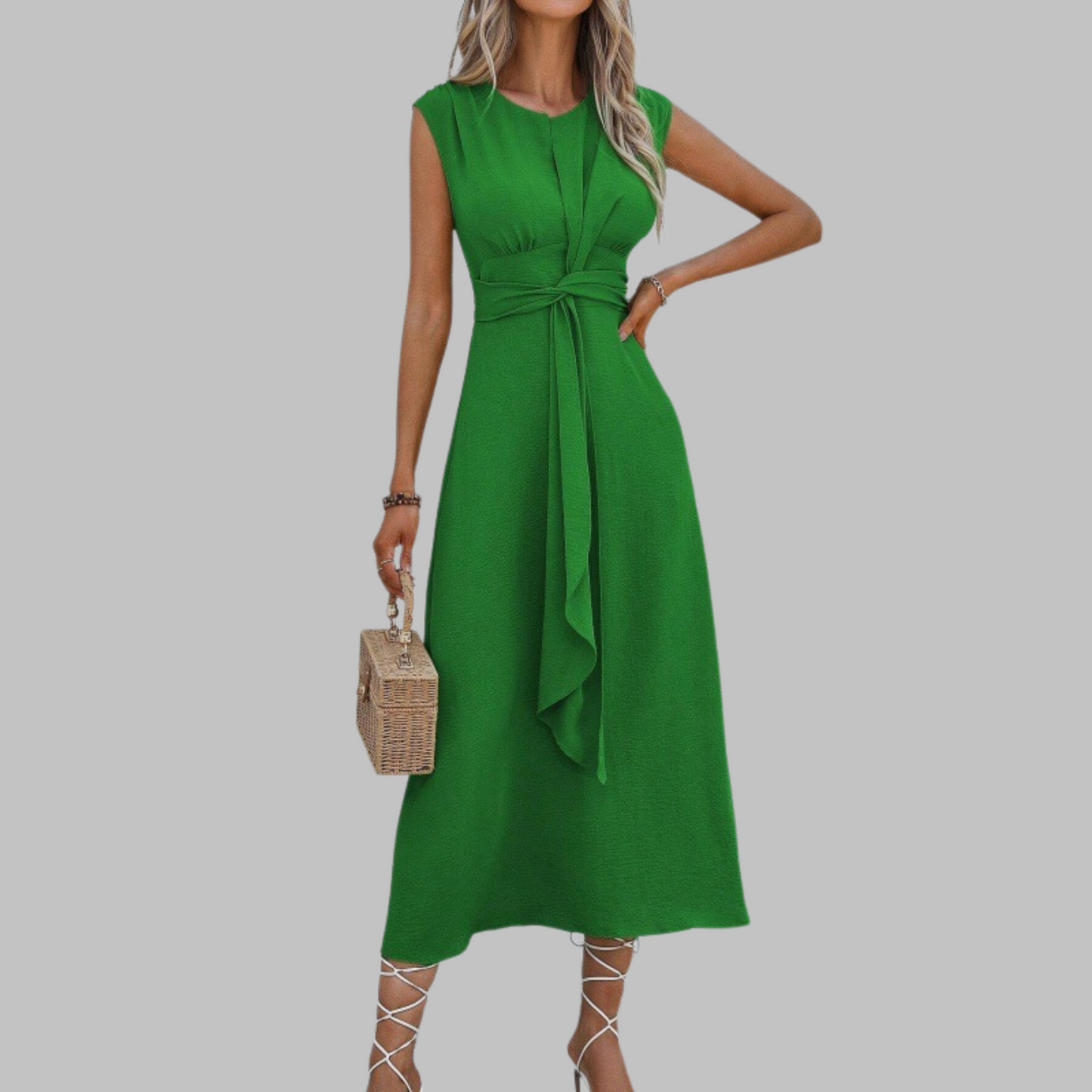 Elegant Green Dress for Women with Round Neck Cap Sleeve Twist Waist Tie Midi Flowing Style