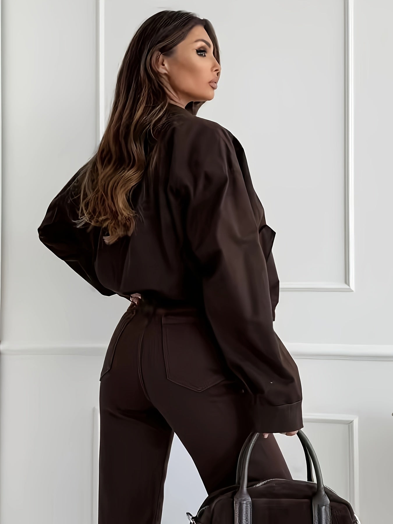 Effortless Coffee Brown Coated Flare Jeans for Women with High Waist Five Pocket Relaxed Style