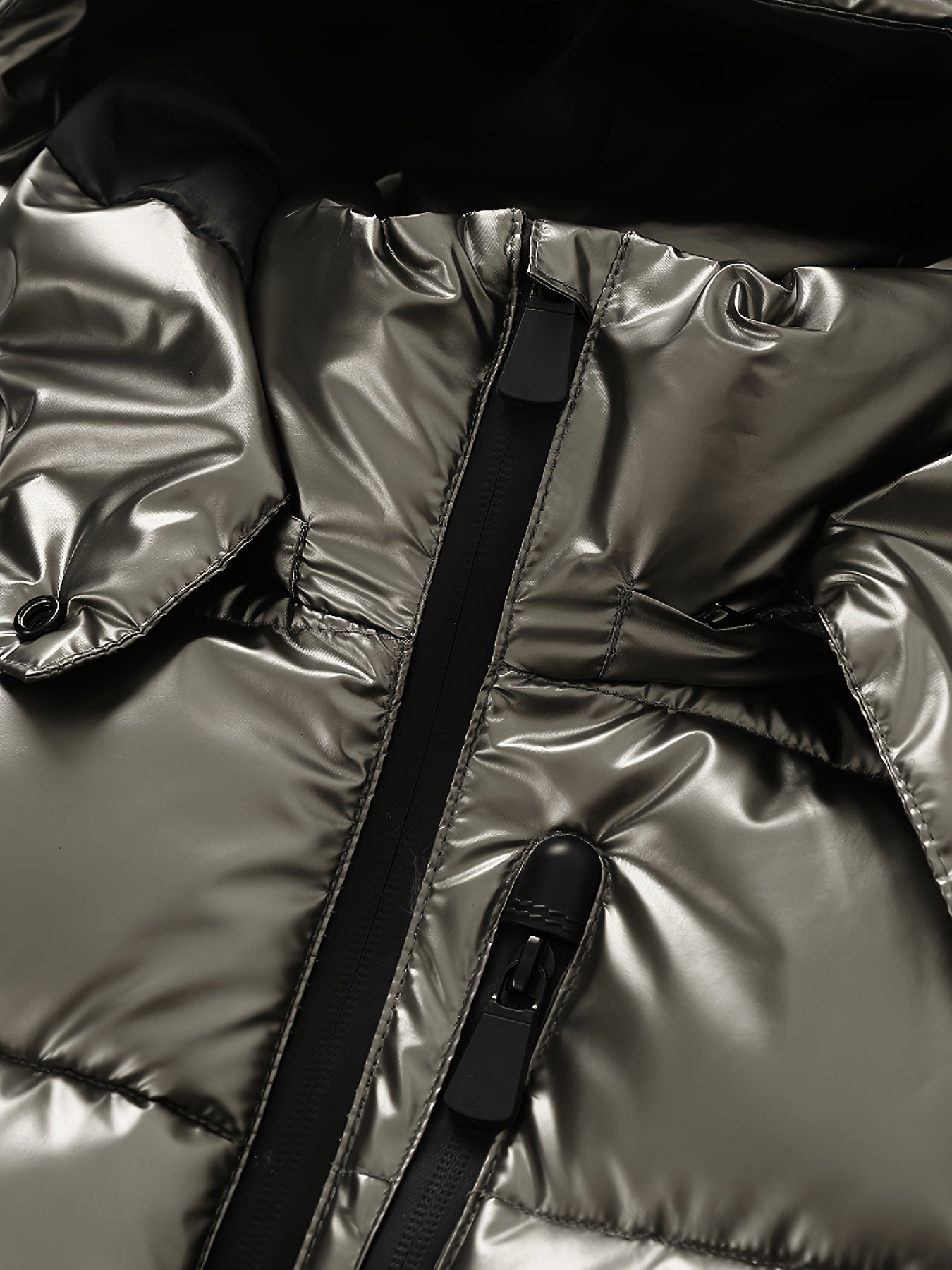 Sleek Metallic Puffer Ski Jacket for Women with Hooded Collar Long Sleeve Belted Zip Pocket Casual Style