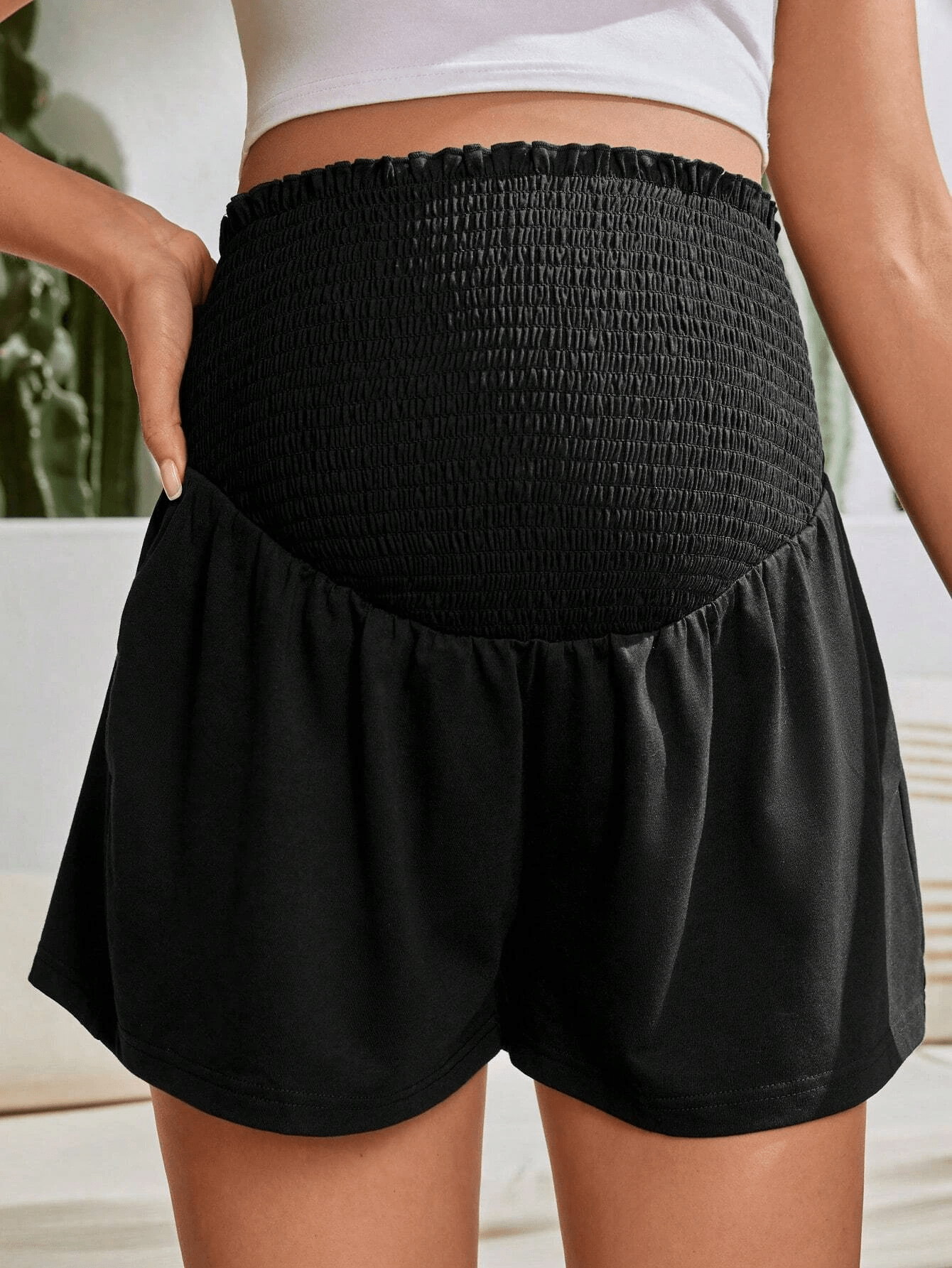 Comfortable Black Maternity Shorts for Women with High Waist Smocked Flowy Relaxed Style