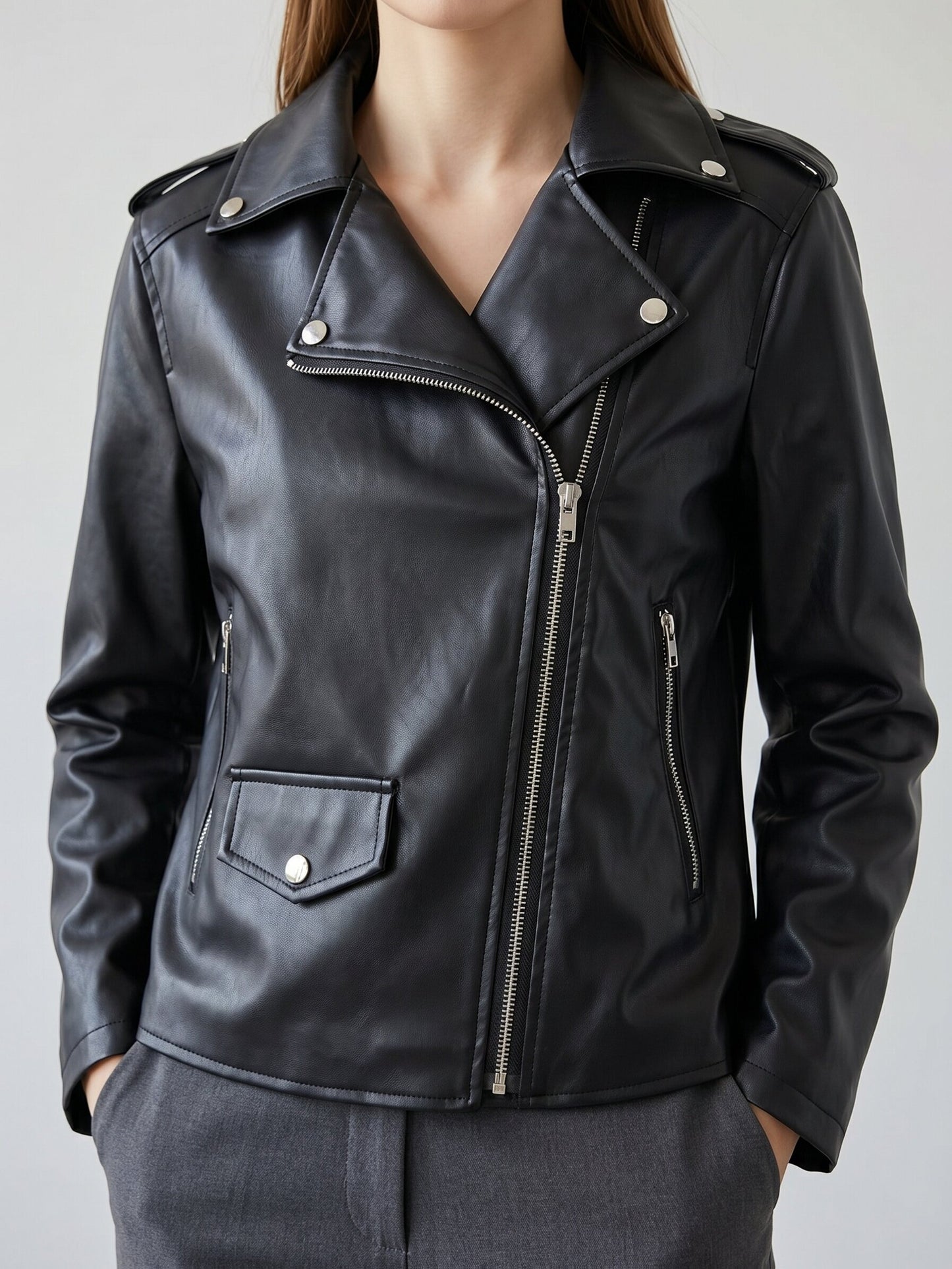 Edgy Black Faux Leather Moto Jacket for Women with Notched Lapel Asymmetrical Zip Ribbed Biker Style