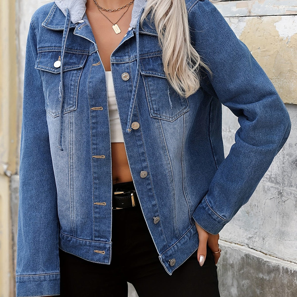 Effortless Blue Jean Jacket for Women with Hooded Collar Long Sleeve Button Front Relaxed Style