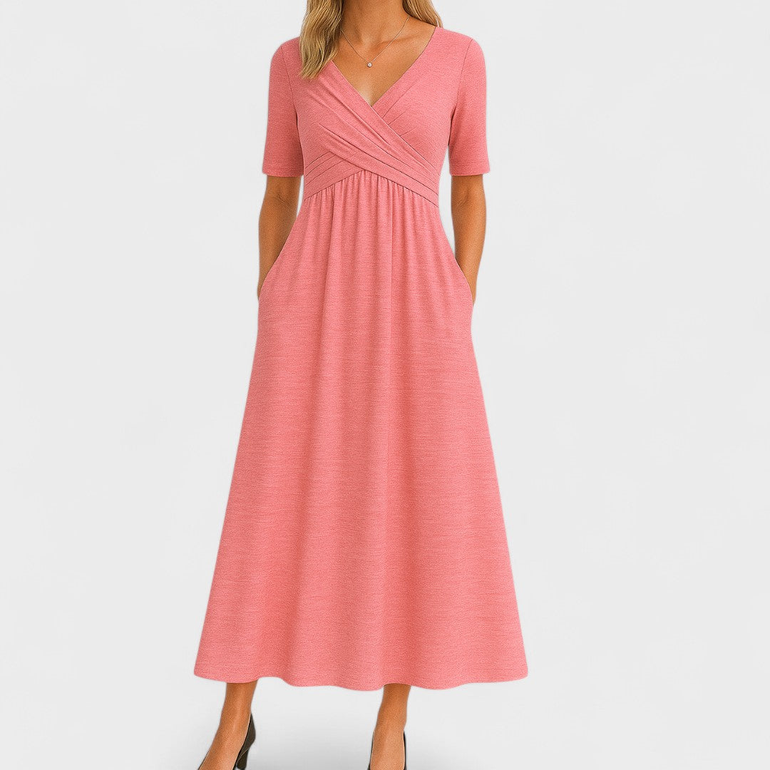 Comfortable Maxi Dress for Women with Surplice V Neck Short Sleeve Pockets Jersey Relaxed Style