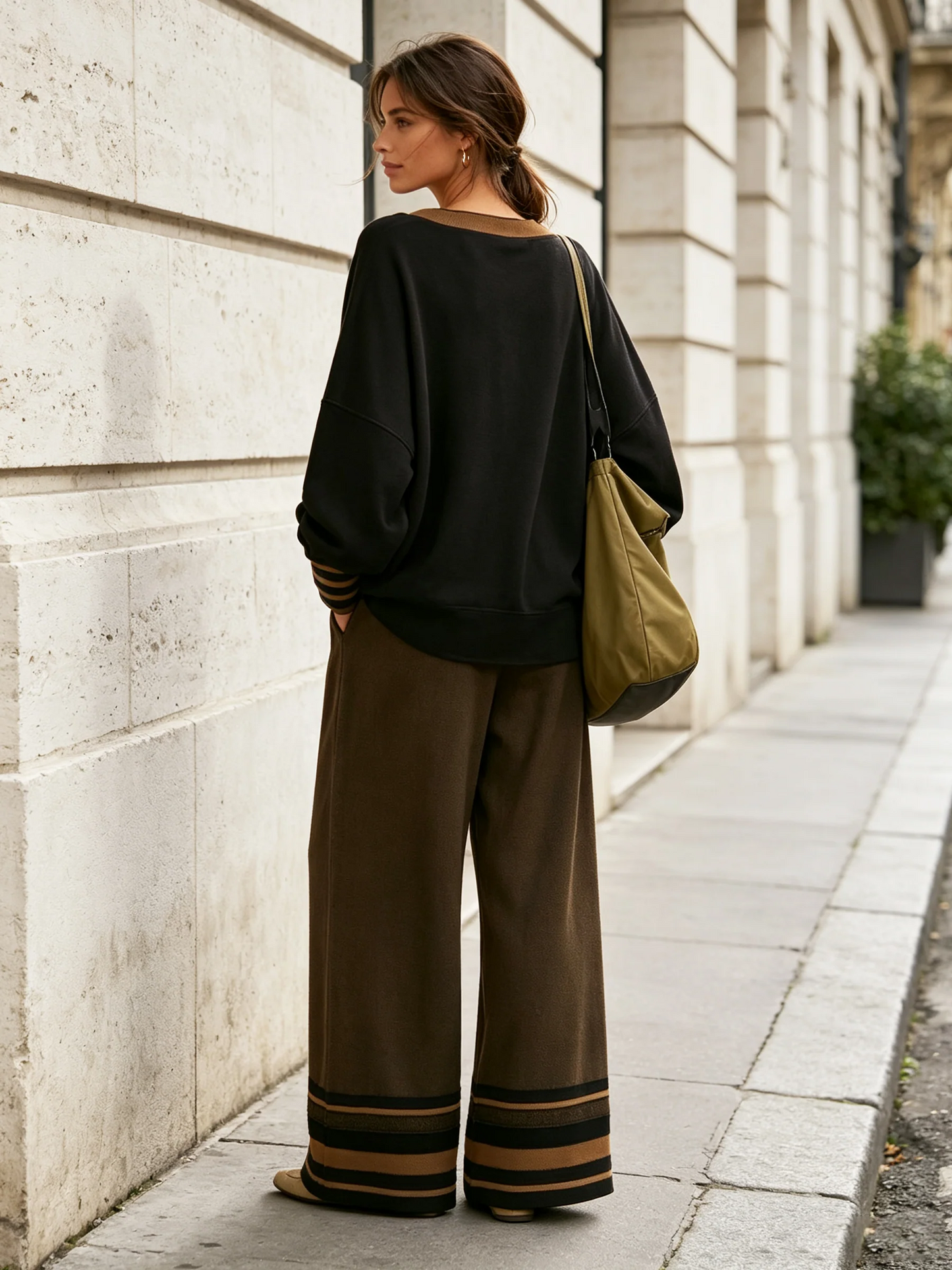 Chic Two Piece Set for Women with V Neck Loose Top Brown Wide Leg Pants Relaxed Lounge Style