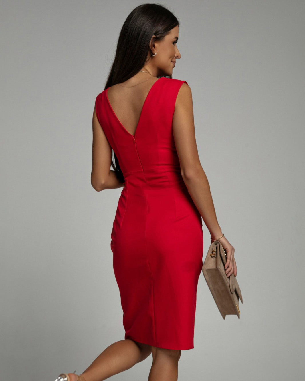 Elegant Red Midi Dress for Women with V-Neck Draped Ruched Bodycon Side Slit Formal Wedding Guest Style
