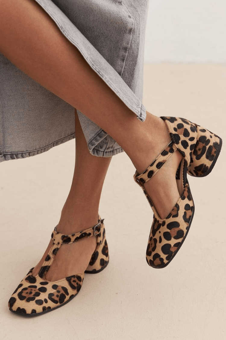 Iris | Stylish Leopard Print Mary Jane Flats for Women with T-Strap Detail