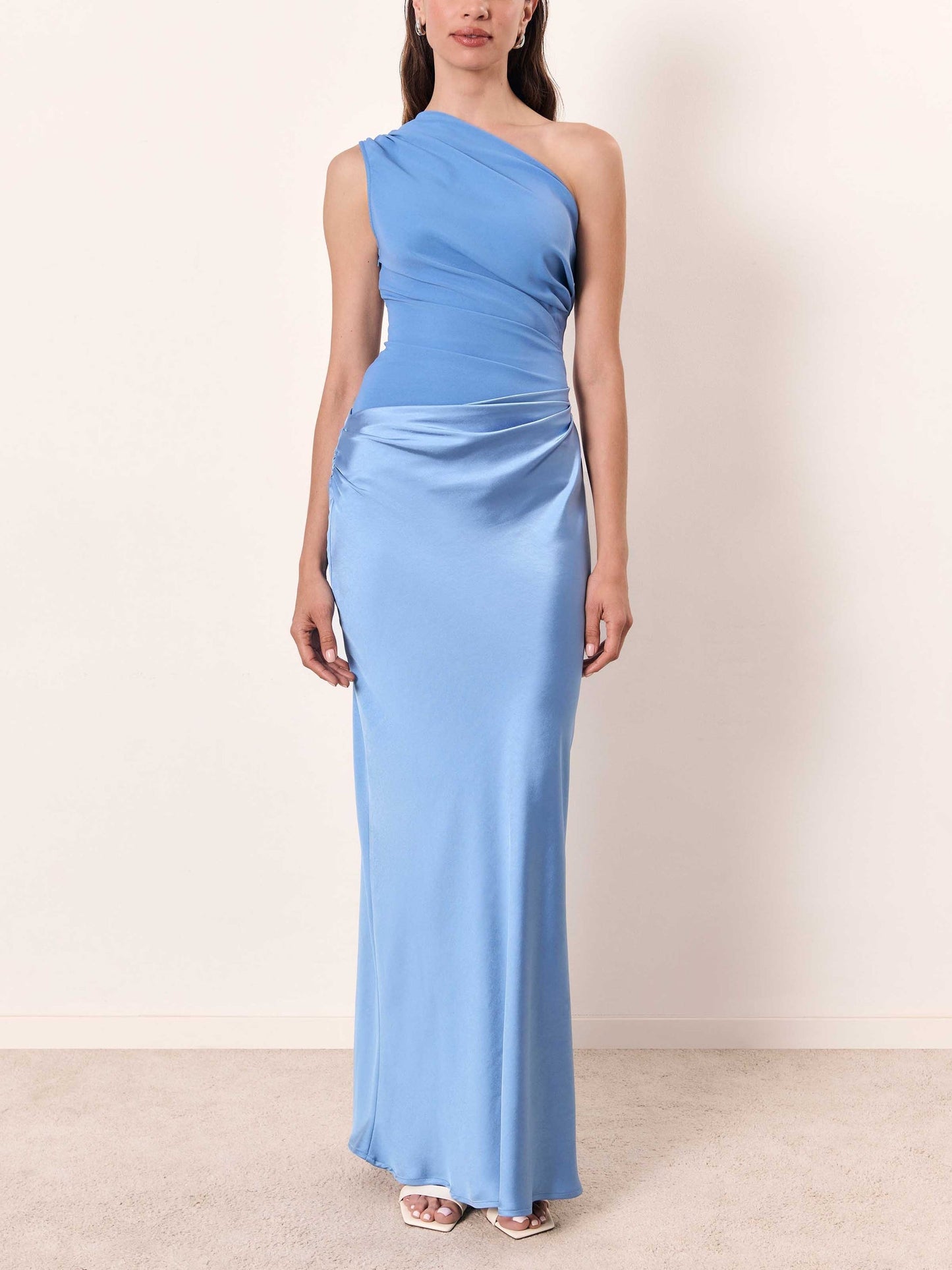 Elegant Satin Maxi Dress for Women with One Shoulder Ruched Waist Bias Cut Formal Wedding Guest Style