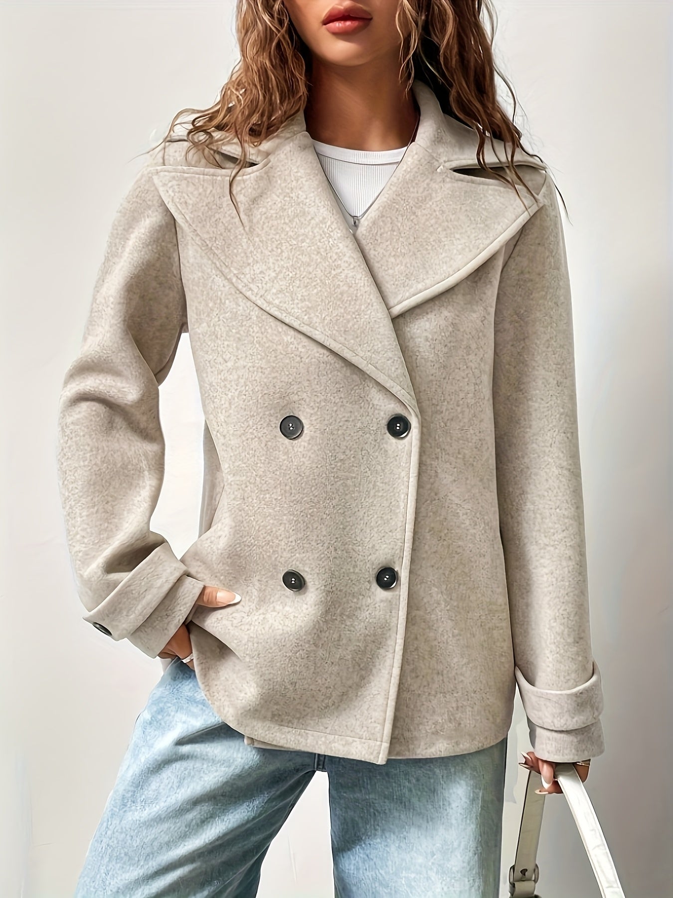 Elegant Beige Pea Coat for Women with Notched Lapel Long Sleeve Double Breasted Oversized Style