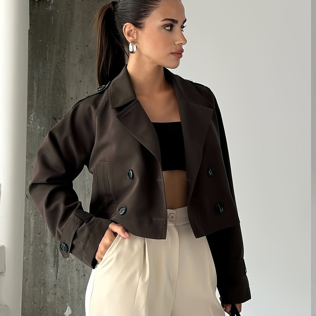 Elegant Coffee Brown Pea Coat for Women with Notched Lapel Long Sleeve Double Breasted Cropped Style