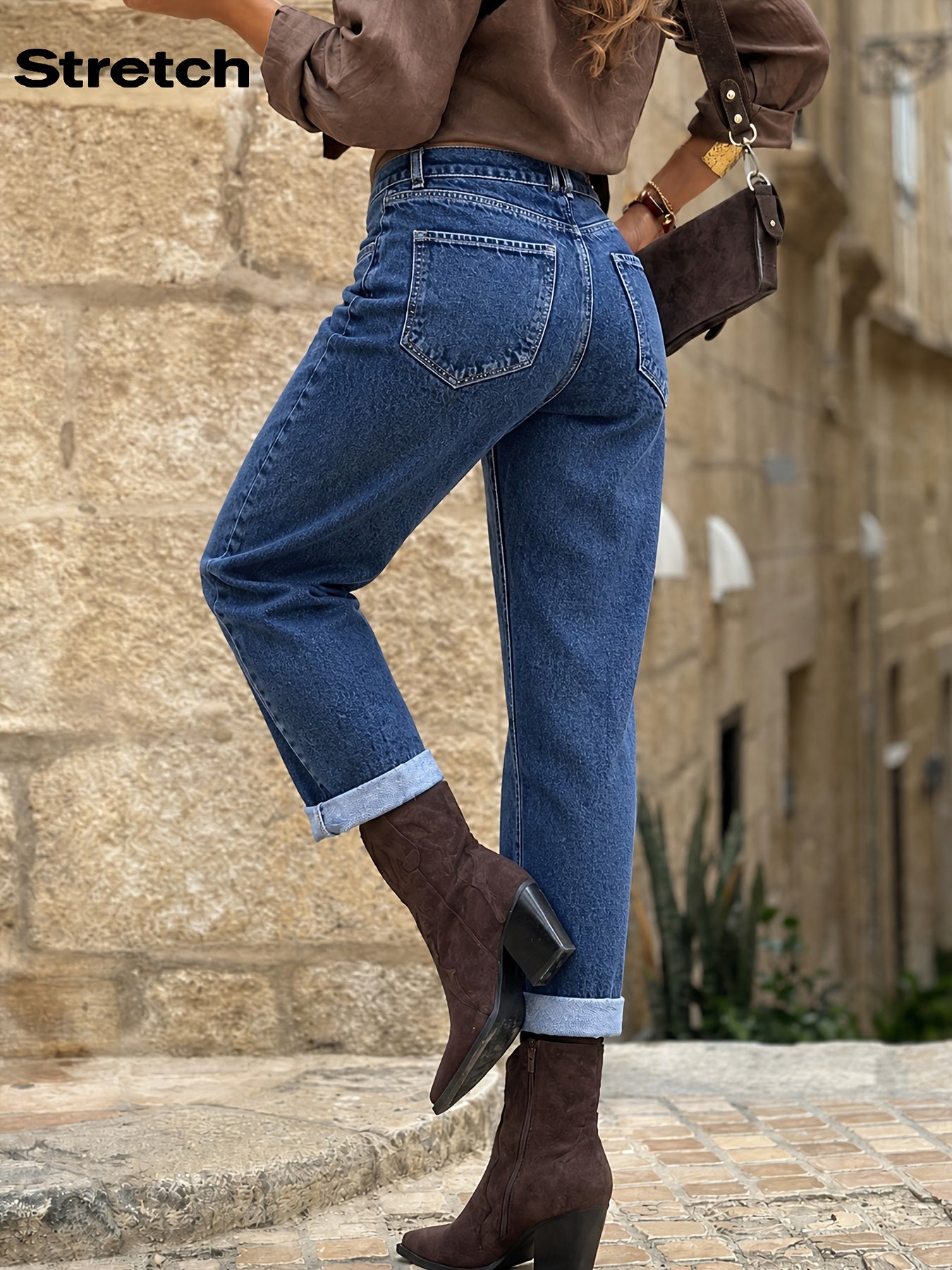 Effortless Deep Blue Relaxed Mom Jeans for Women with High Waist Cuffed Straight Leg