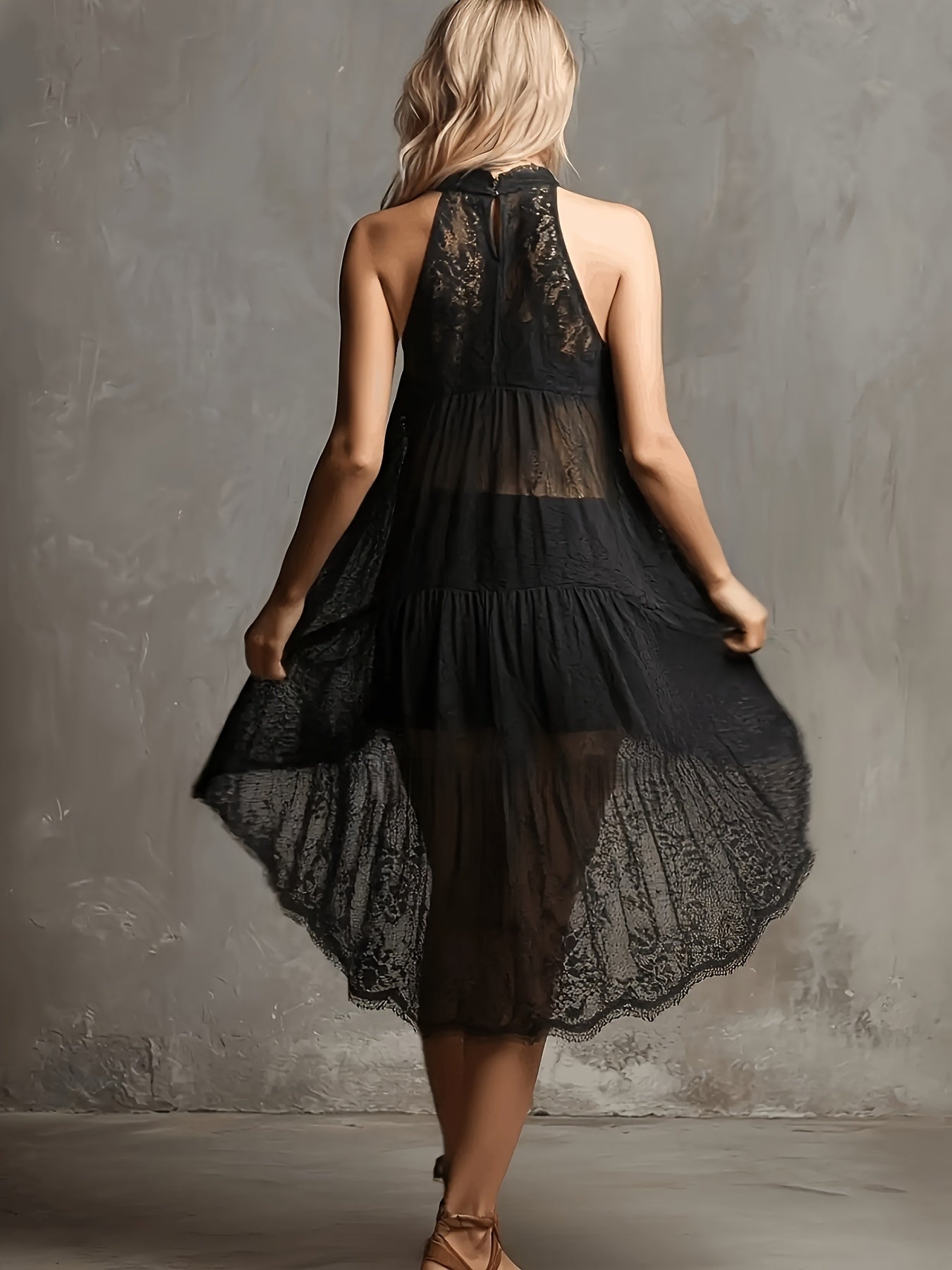 Elegant Little Black Dress for Women with Halter Neck Lace Overlay Sleeveless Hi Low Hem Casual Style