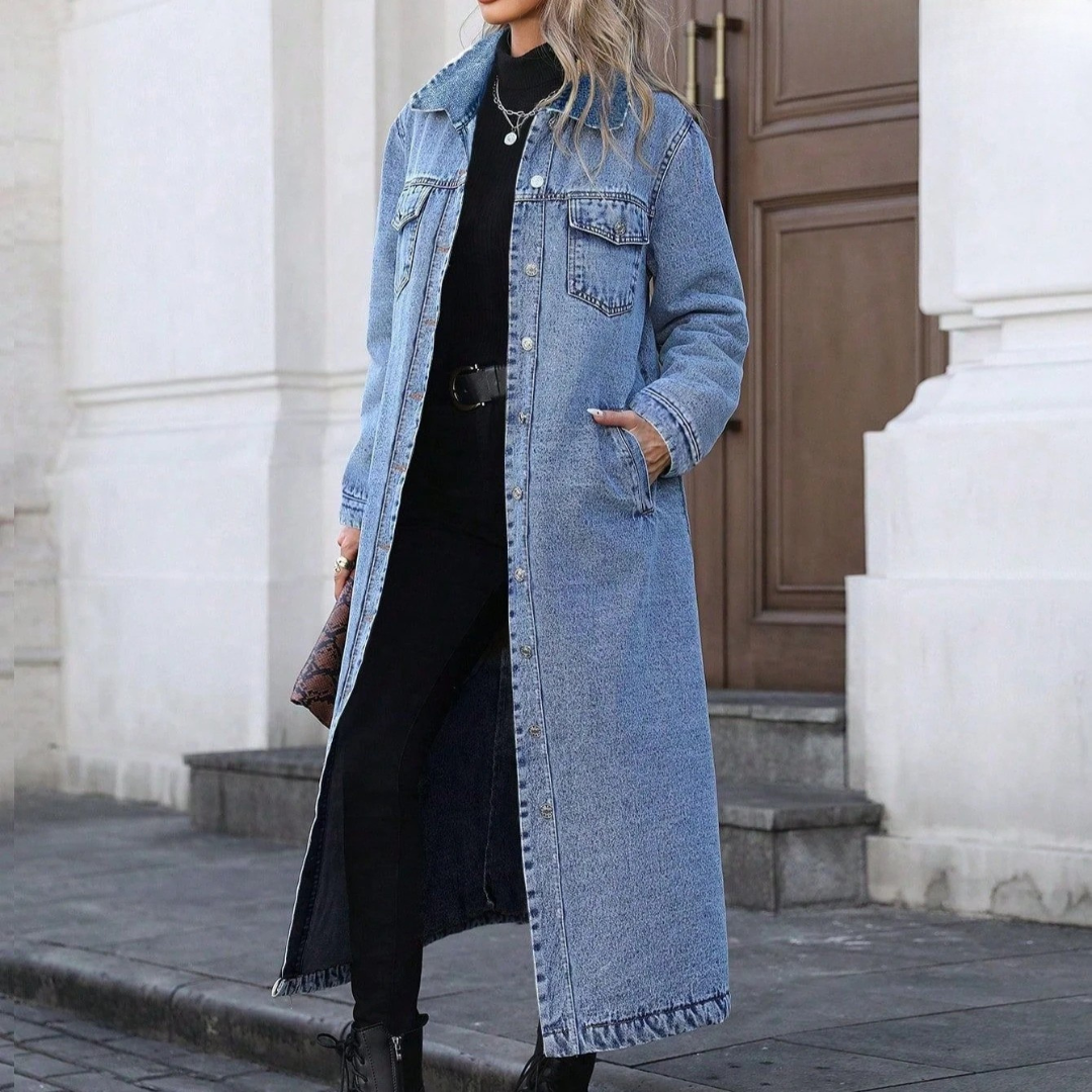 Effortless Denim Jacket for Women with Collar Long Sleeve Button Front Longline Relaxed Style