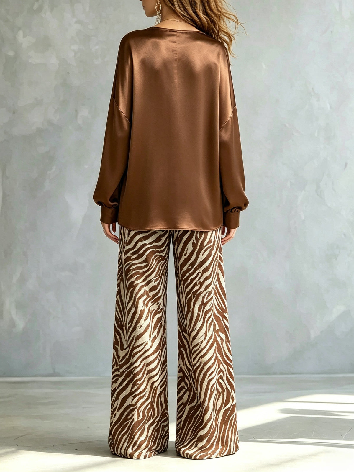 Stylish Brown Satin Two Piece Set for Women with V Neck Top Zebra Print Wide Leg Pants Statement Style