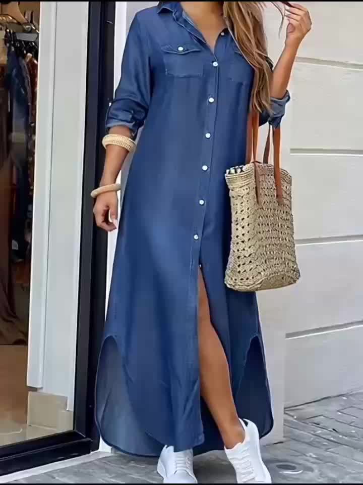 Effortless Blue Denim Dress for Women with Collar Long Sleeve Side Slit Maxi