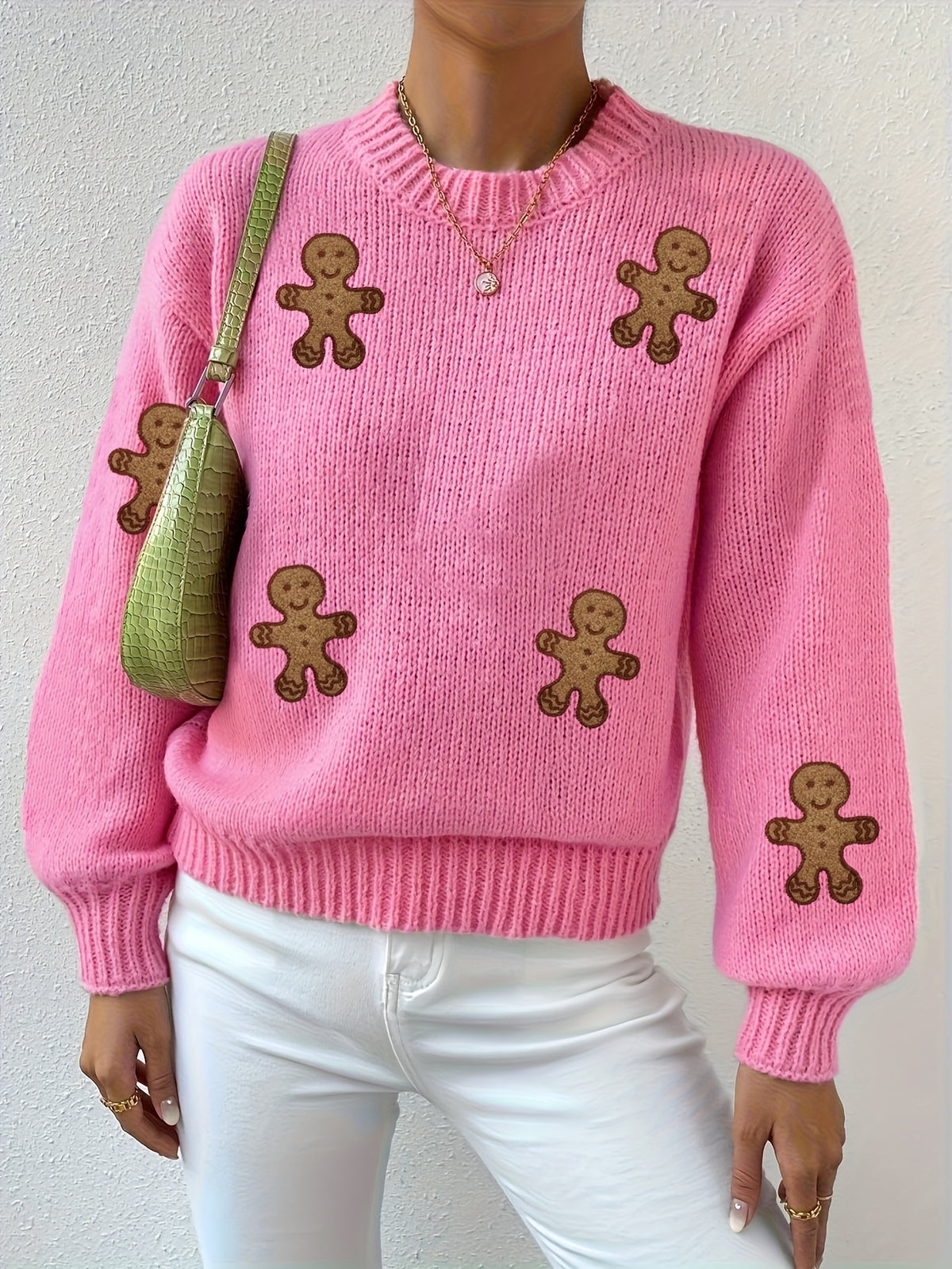Cozy Pink Gingerbread Christmas Tacky Sweater for Women with Crew Neck Long Sleeve Knit Pullover Holiday Style