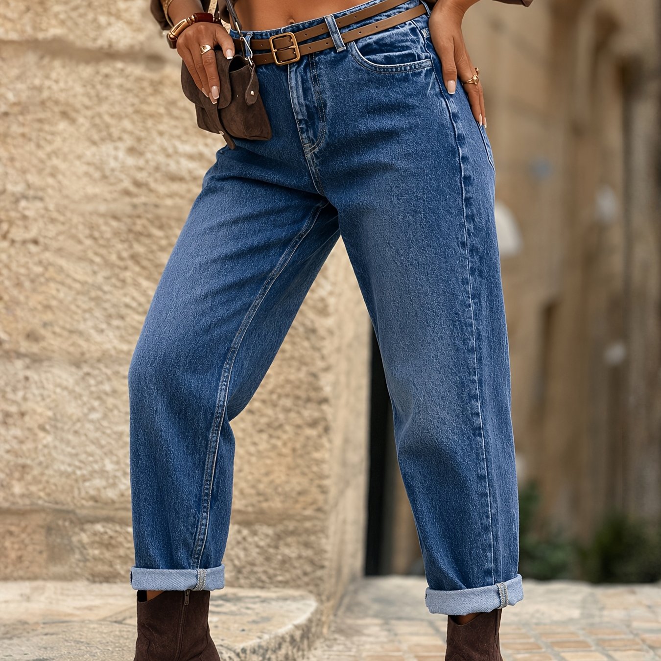 Effortless Deep Blue Relaxed Mom Jeans for Women with High Waist Cuffed Straight Leg